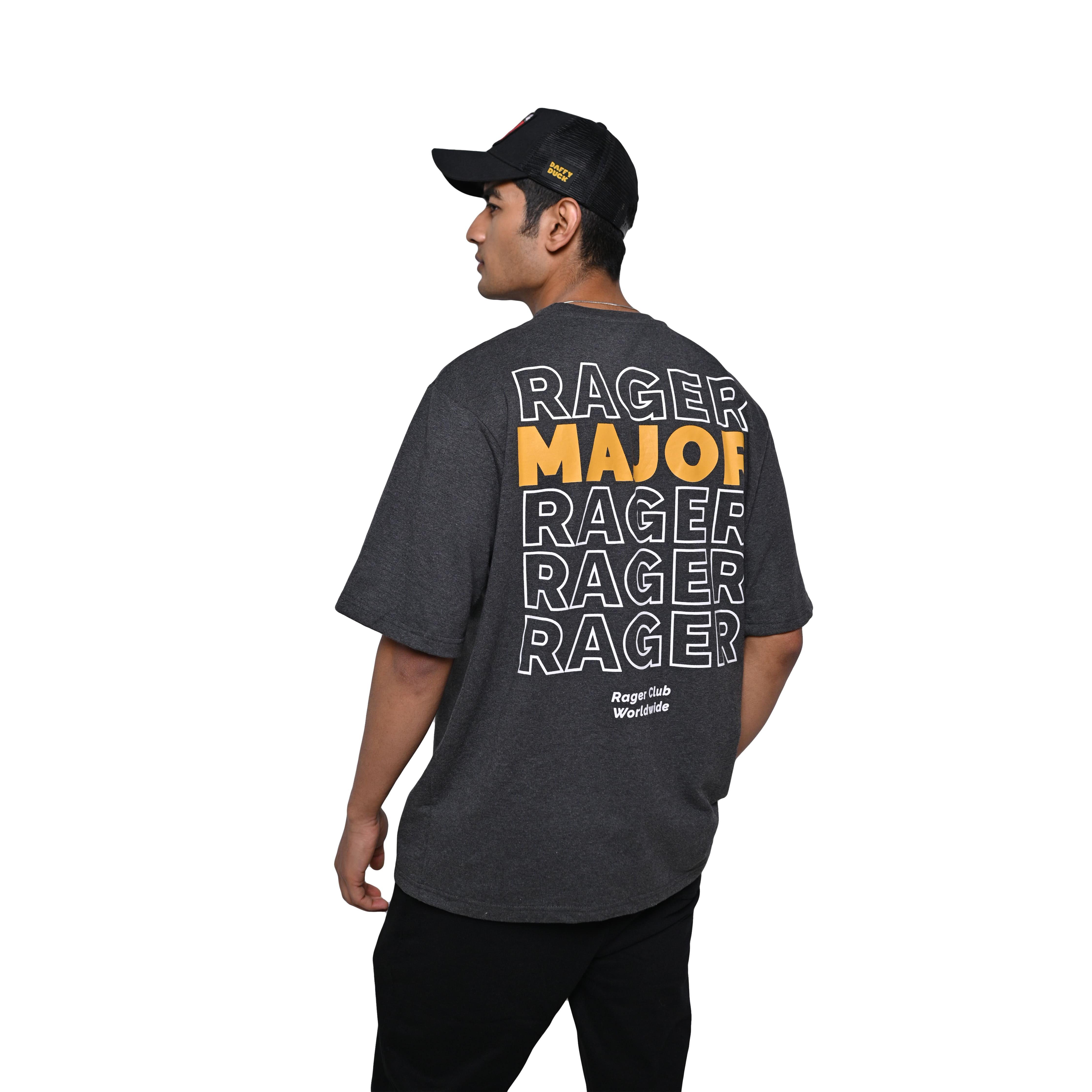 Major rager T-Shirt: Grey, Oversized, Back Model Pose, Bio-Washed Cotton Printed by Techno Be With You