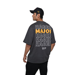 Major rager T-Shirt: Grey, Oversized, Back Model Pose, Bio-Washed Cotton Printed by Techno Be With You