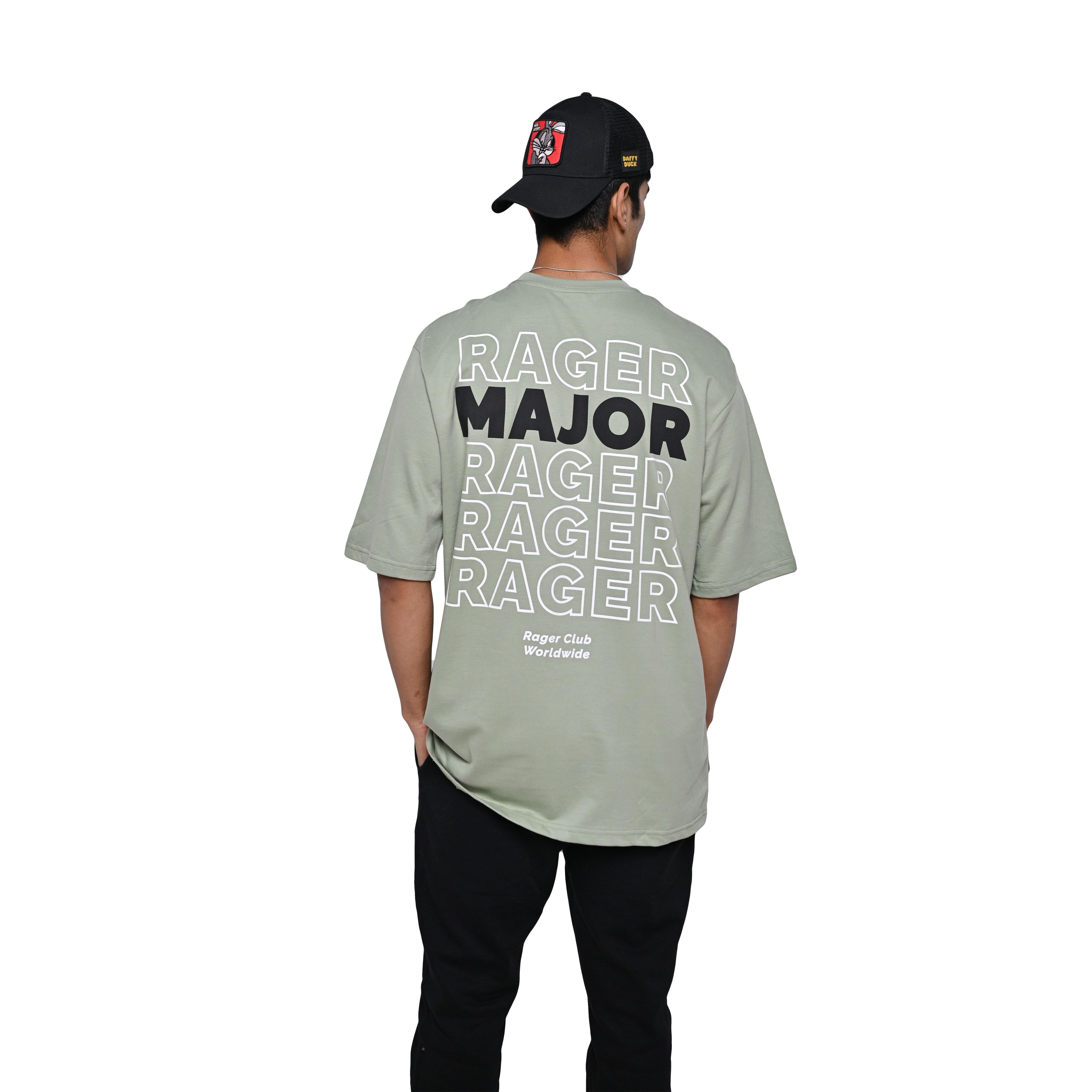 Major rager T-Shirt: Light Green, Oversized, Back Model Pose, Bio-Washed Cotton Printed by Techno Be With You