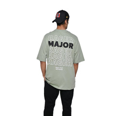 Major rager T-Shirt: Light Green, Oversized, Back Model Pose, Bio-Washed Cotton Printed by Techno Be With You