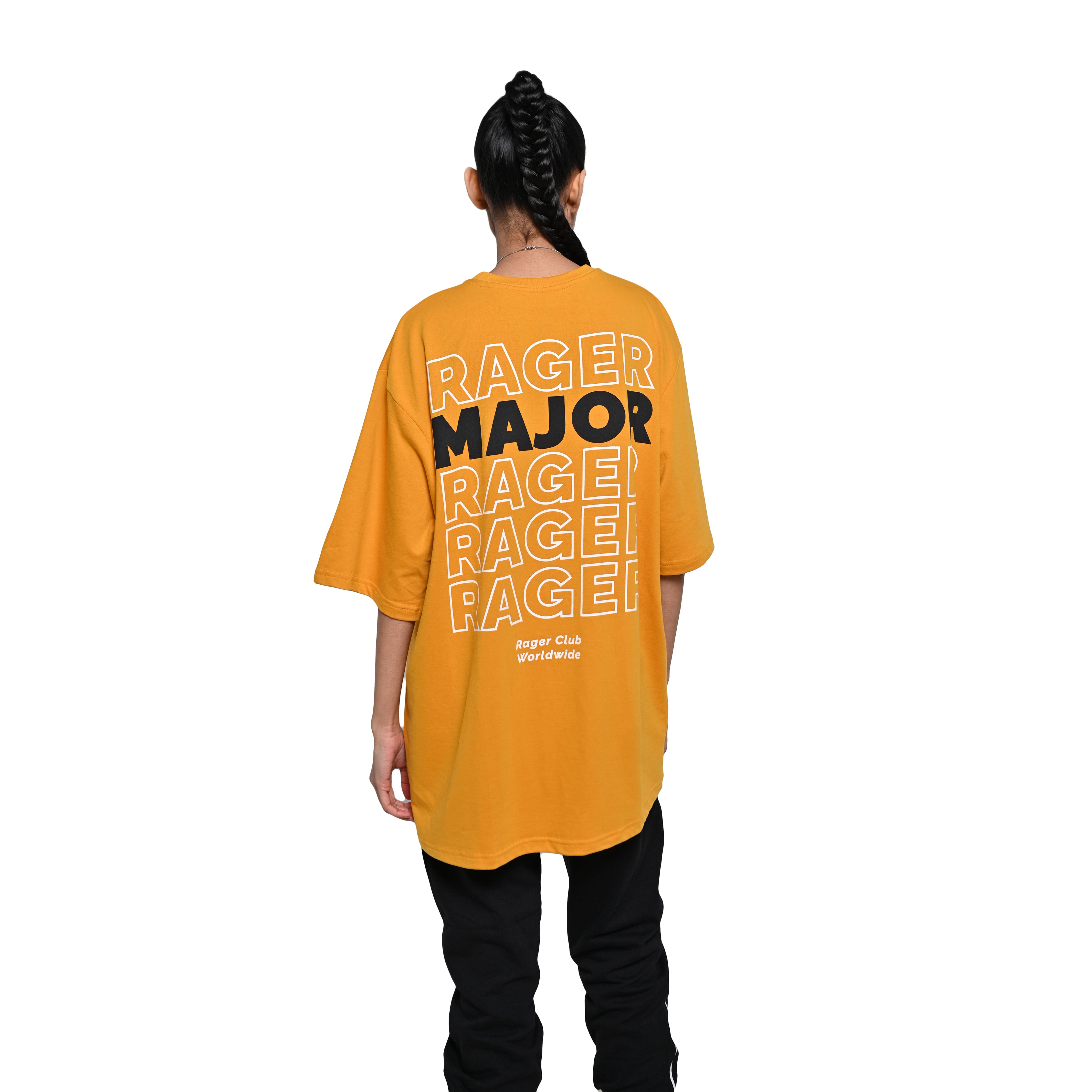 Major rager T-Shirt: Yellow, Oversized, Back Model Pose, Bio-Washed Cotton Printed by Techno Be With You
