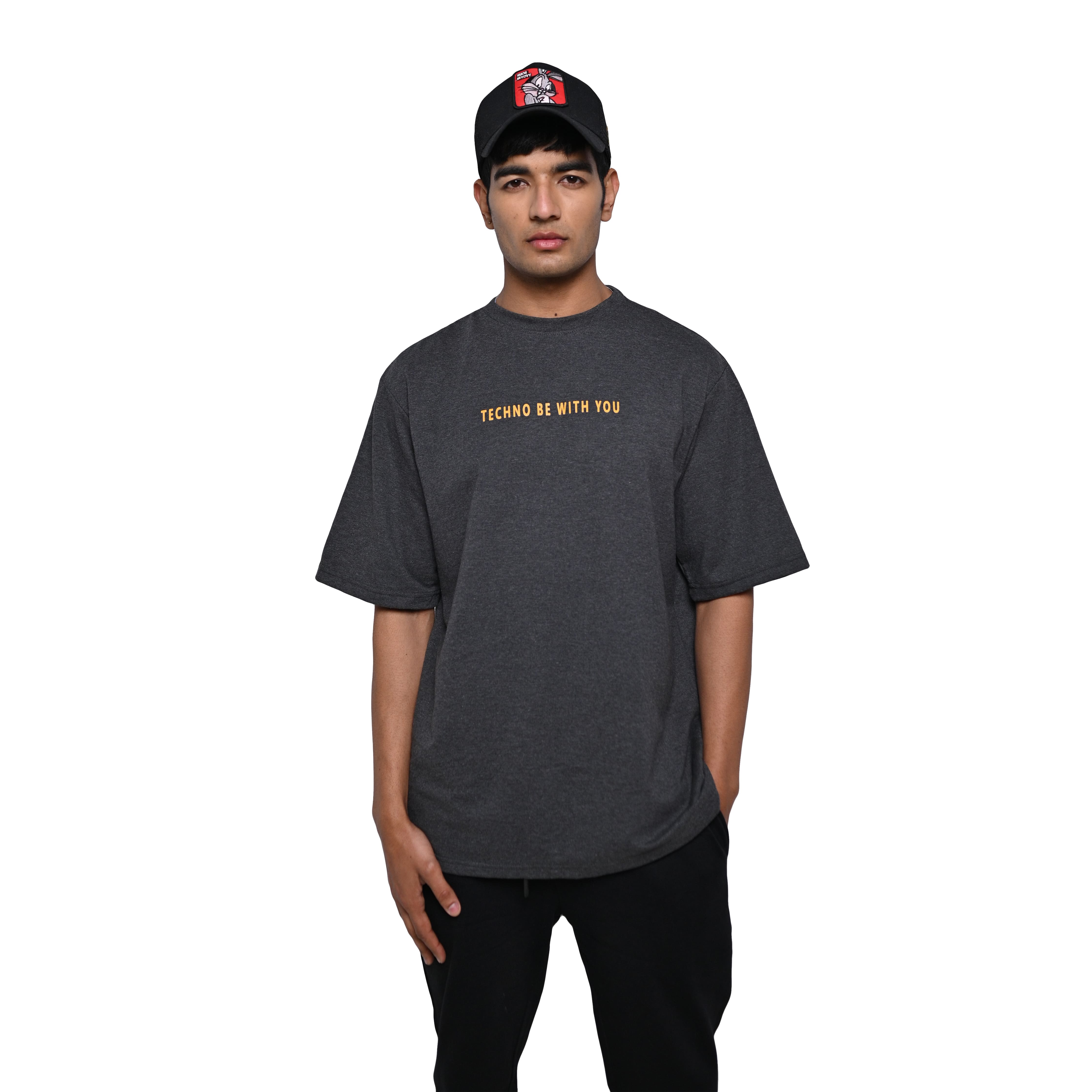 Major rager T-Shirt: Grey, Oversized, Front Model Pose, Bio-Washed Cotton Printed by Techno Be With You