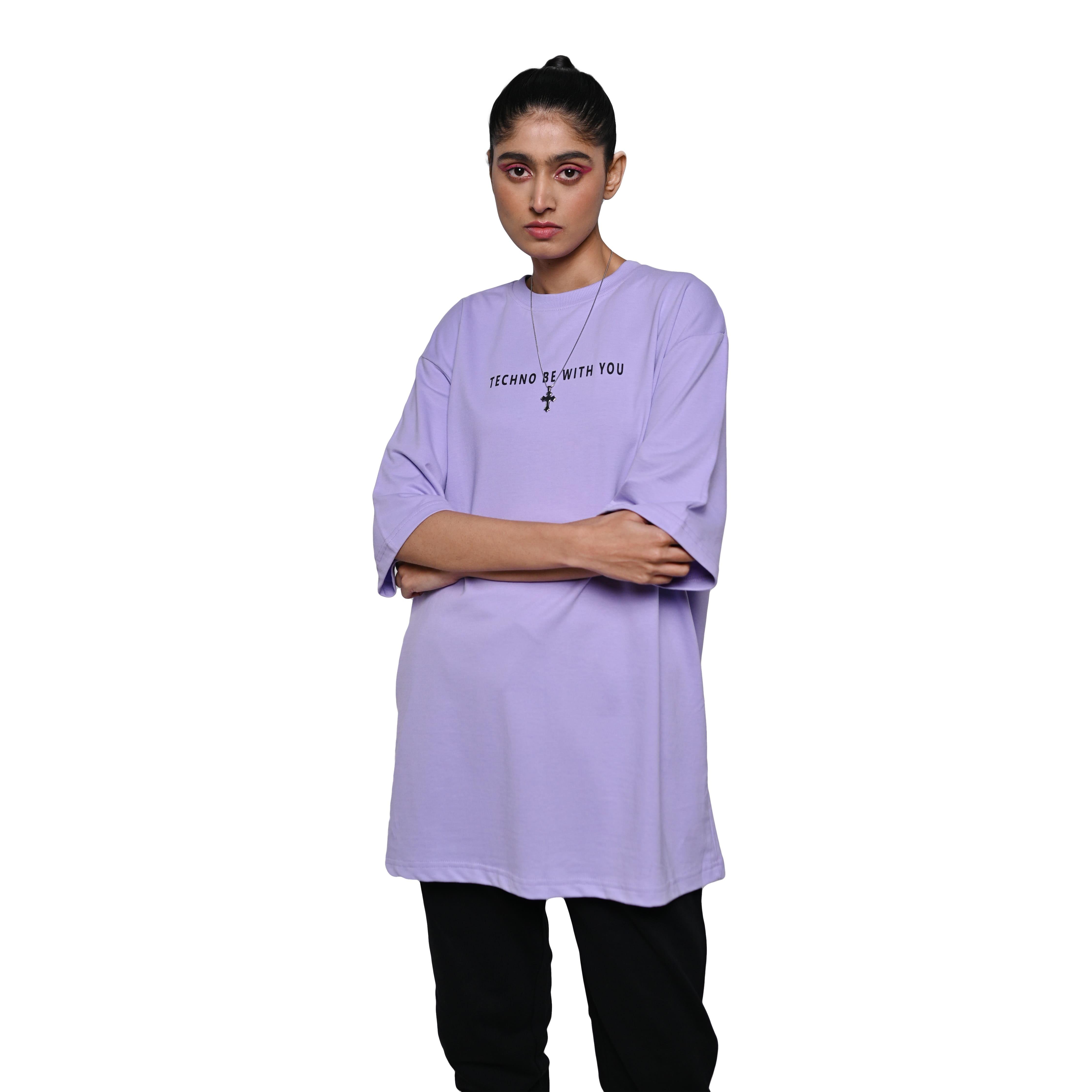 Major rager T-Shirt: Lavender, Oversized, Front Model Pose, Bio-Washed Cotton Printed by Techno Be With You
