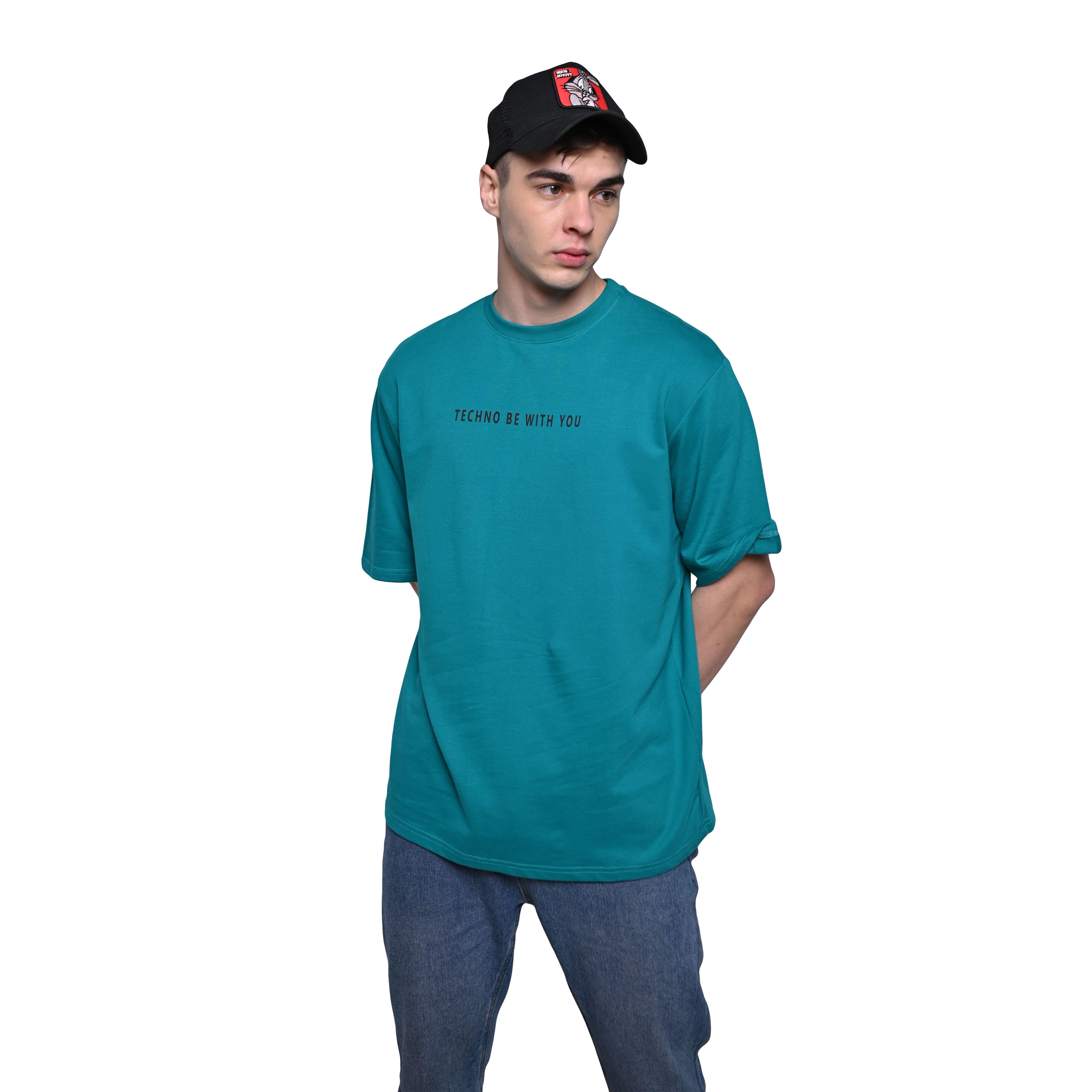 Major rager T-Shirt: Blue, Oversized, Front Model Pose, Bio-Washed Cotton Printed by Techno Be With You