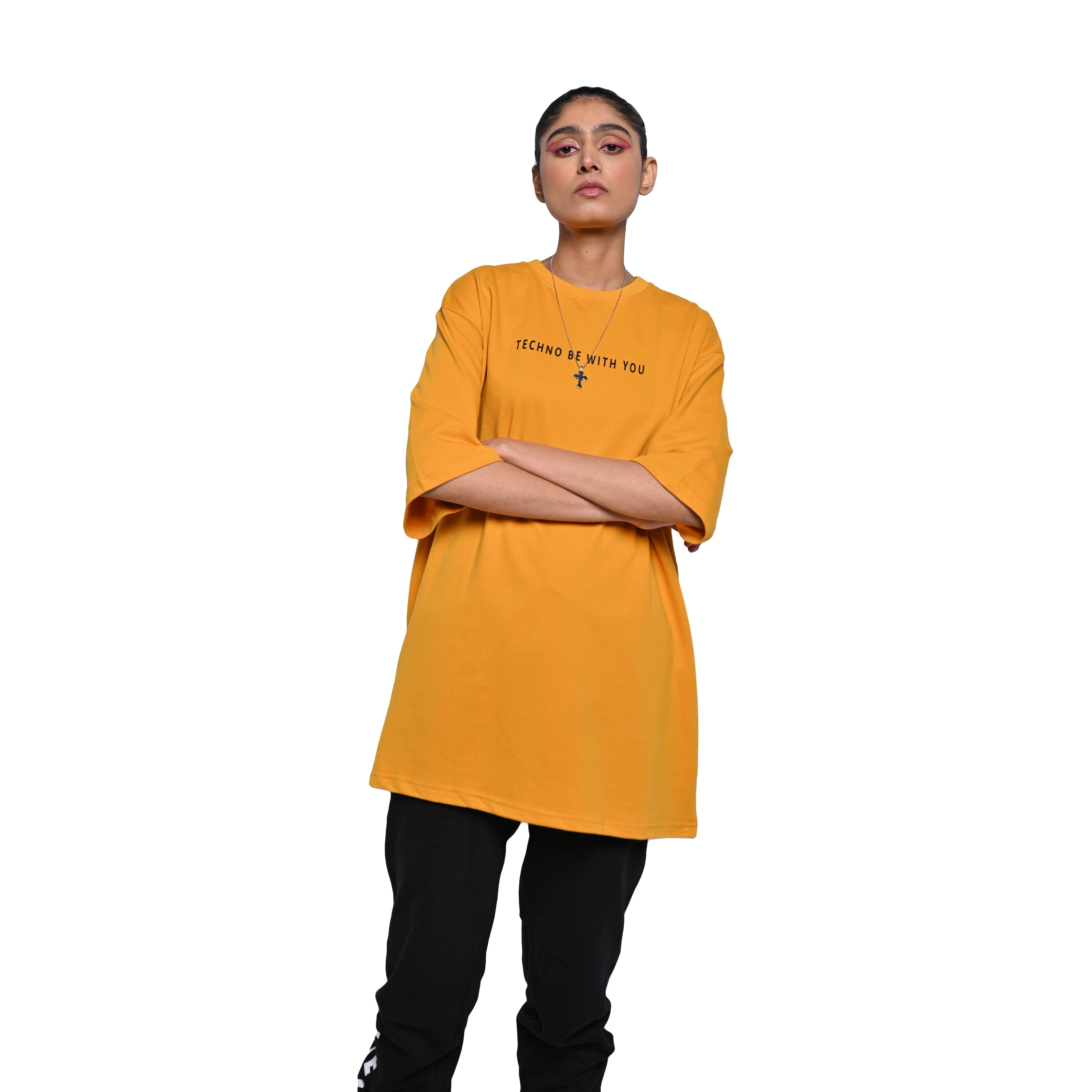 Major rager T-Shirt: Yellow, Oversized, Front Model Pose, Bio-Washed Cotton Printed by Techno Be With You