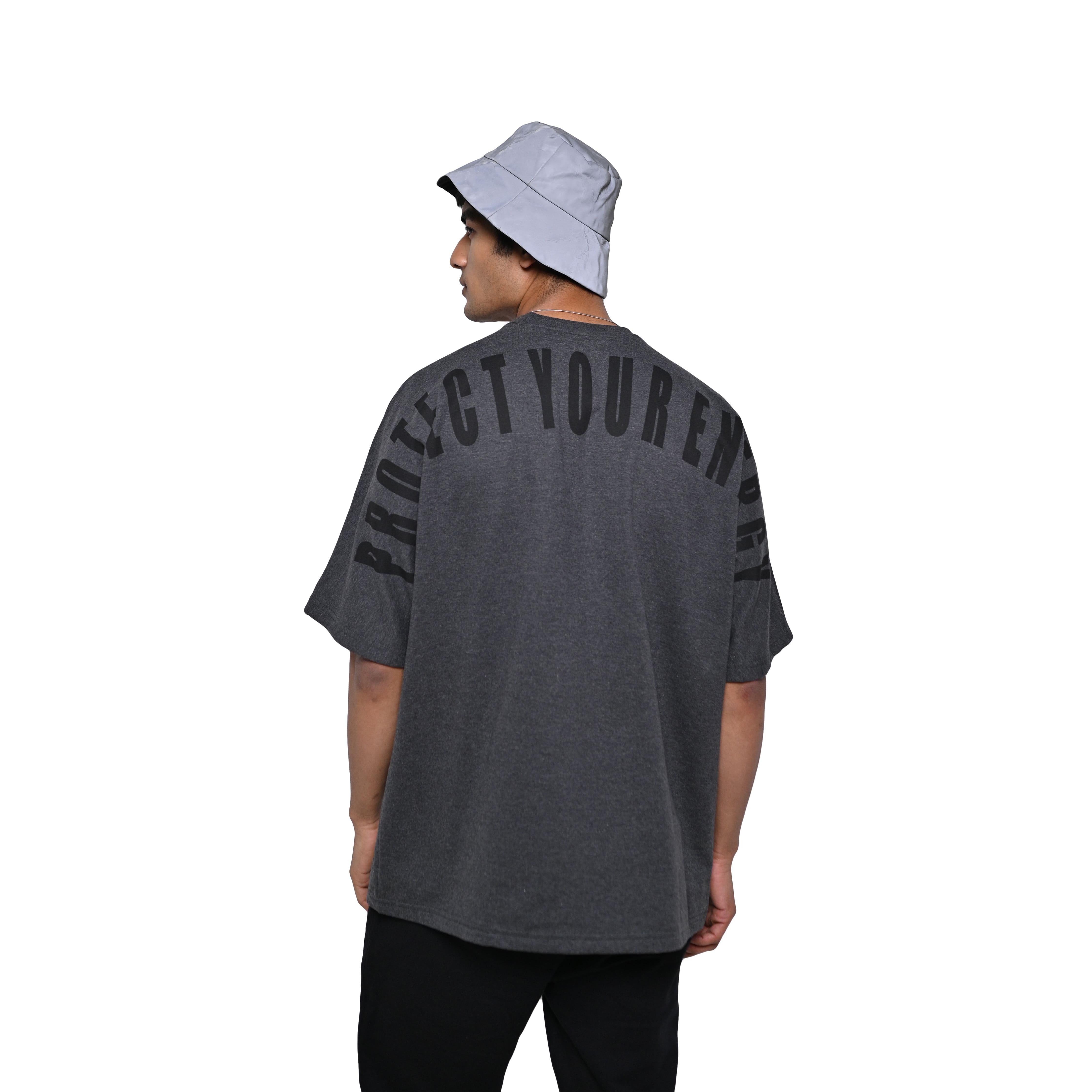 Protect Your Energy T-Shirt: Grey, Oversized, Back Model Pose, Bio-Washed Cotton Printed by Techno Be With You