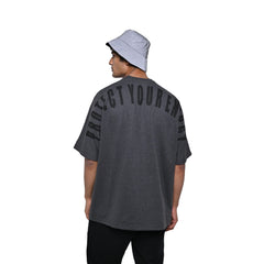 Protect Your Energy T-Shirt: Grey, Oversized, Back Model Pose, Bio-Washed Cotton Printed by Techno Be With You