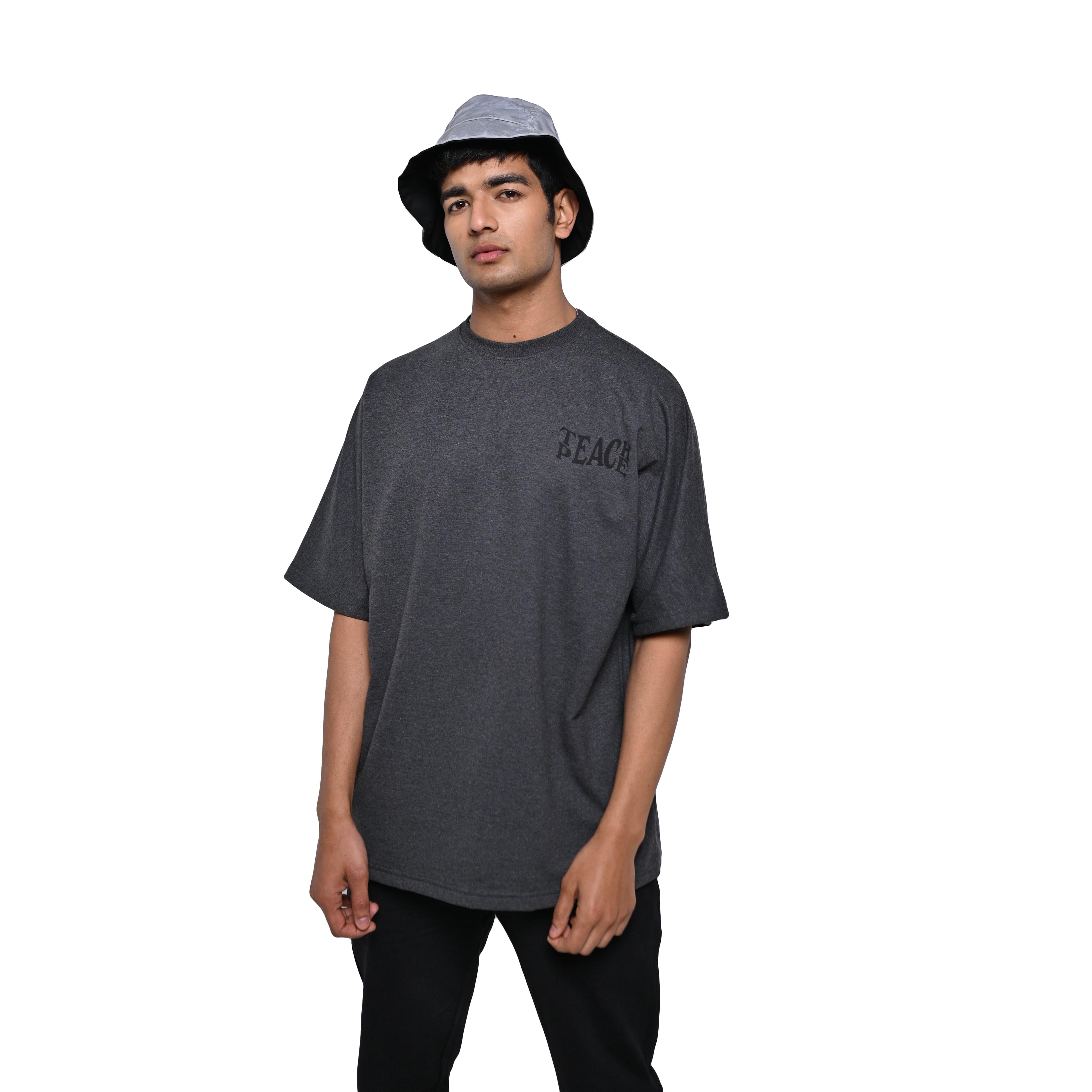 Protect Your Energy T-Shirt: Grey, Oversized, Front Model Pose, Bio-Washed Cotton Printed by Techno Be With You