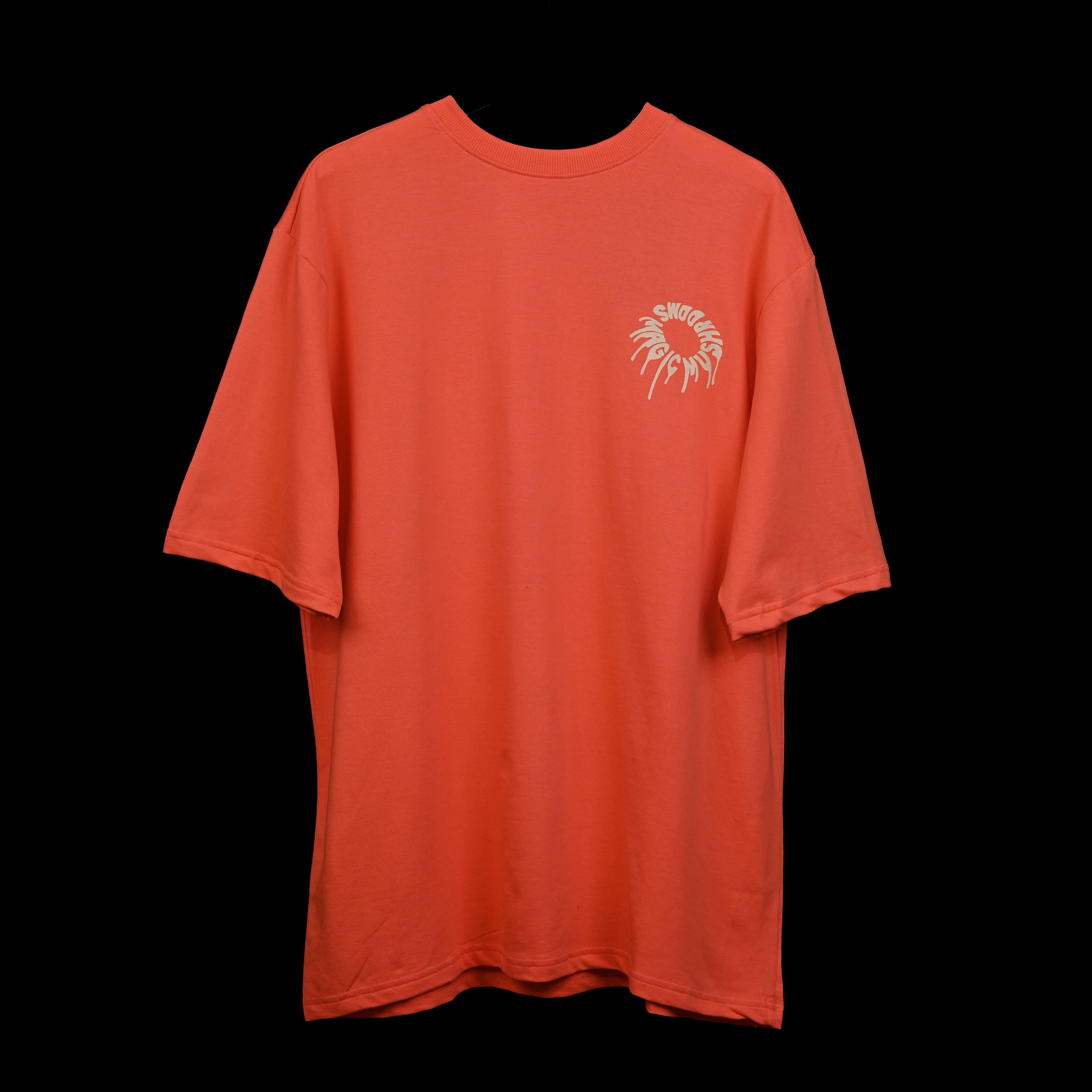 Magic Mushroom T-Shirt: Orange, Oversized, Front Pose, Bio-Washed Cotton Printed by Techno Be With You