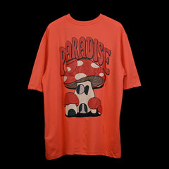 Magic Mushroom T-Shirt: Orange, Oversized, Back Side, Bio-Washed Cotton Printed by Techno Be With You