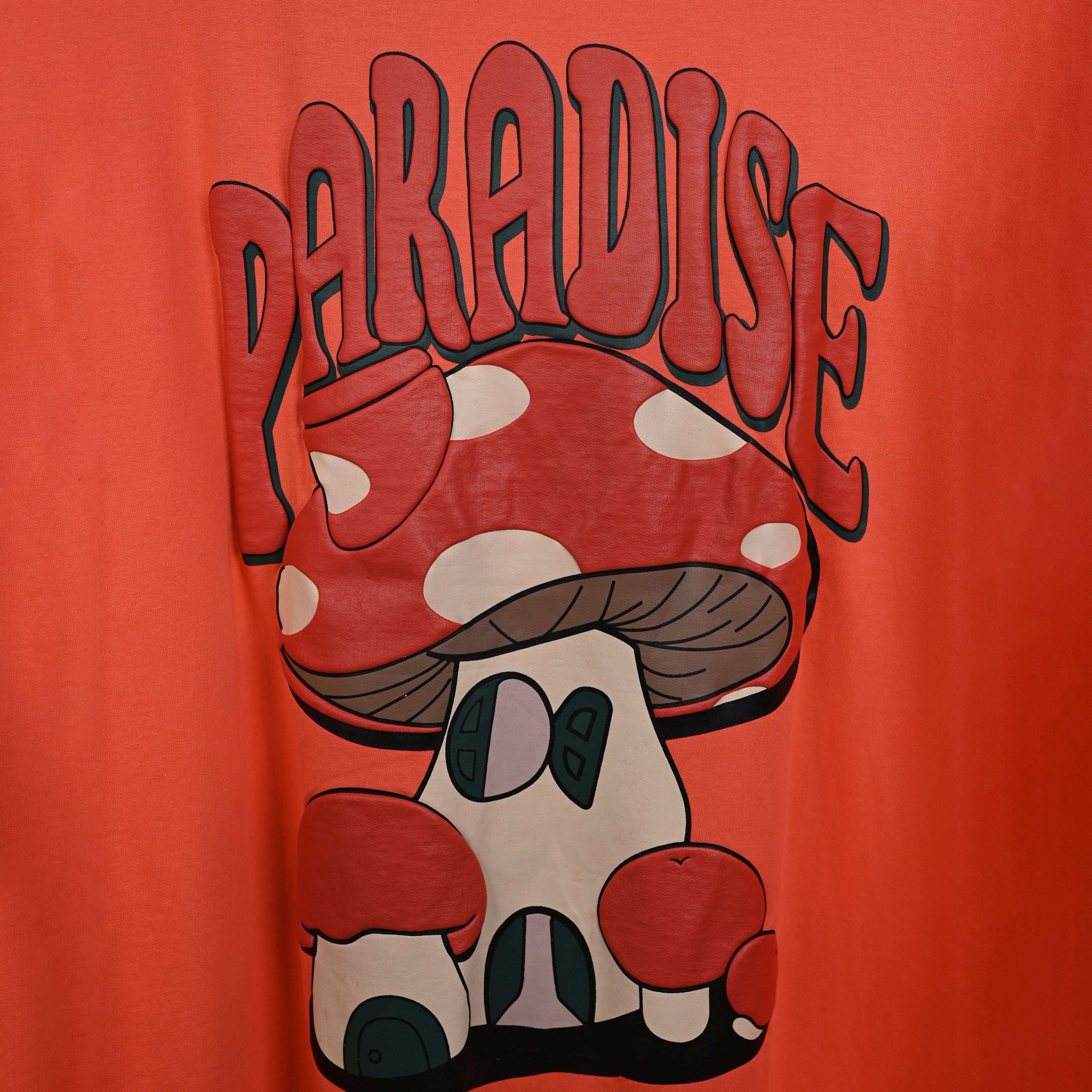 Magic Mushroom T-Shirt: Orange, Oversized, Close Back Side, Bio-Washed Cotton Printed by Techno Be With You
