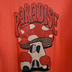 Magic Mushroom T-Shirt: Orange, Oversized, Close Back Side, Bio-Washed Cotton Printed by Techno Be With You