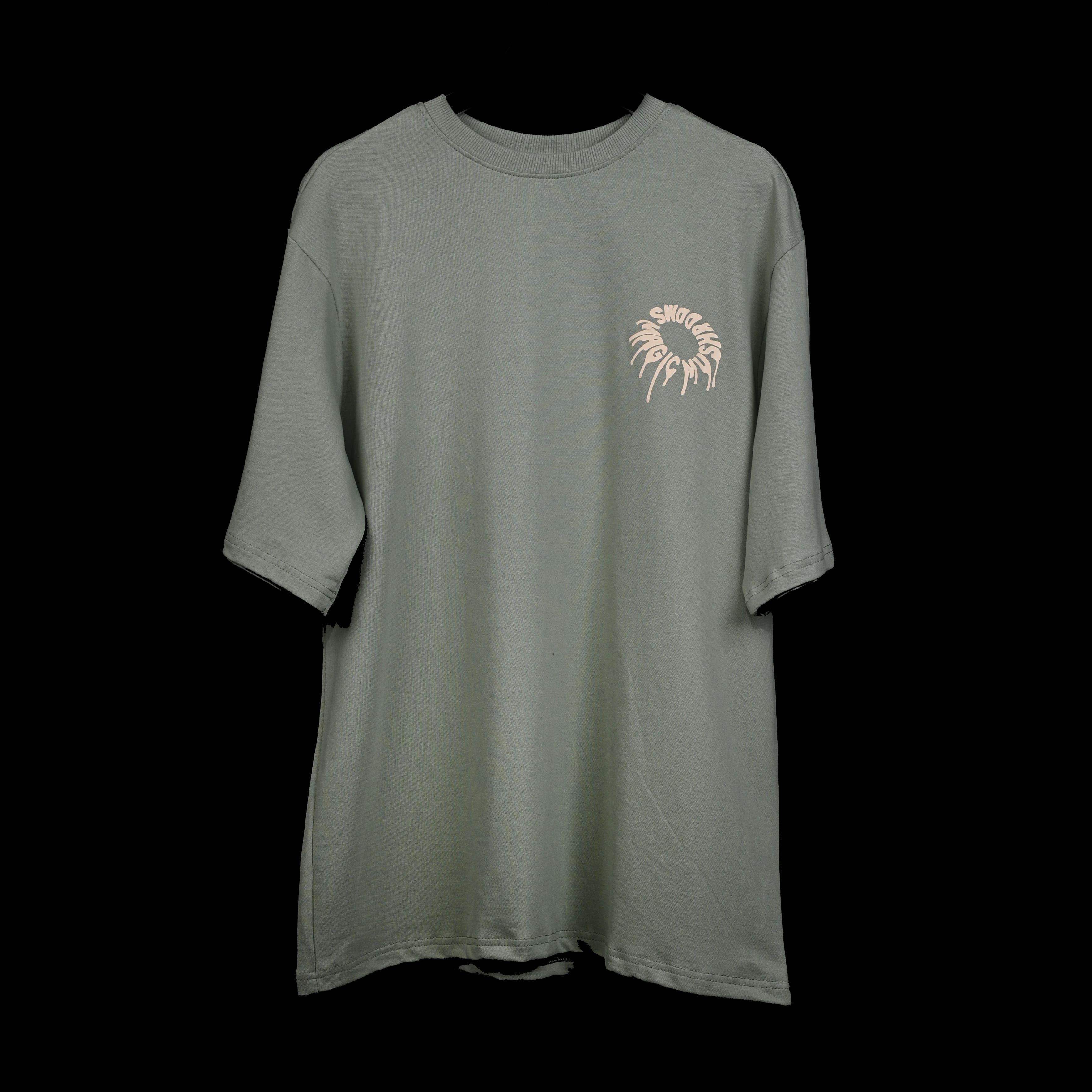 Magic Mushroom T-Shirt: Hunter Green, Oversized, Front Side, Bio-Washed Cotton Printed by Techno Be With You
