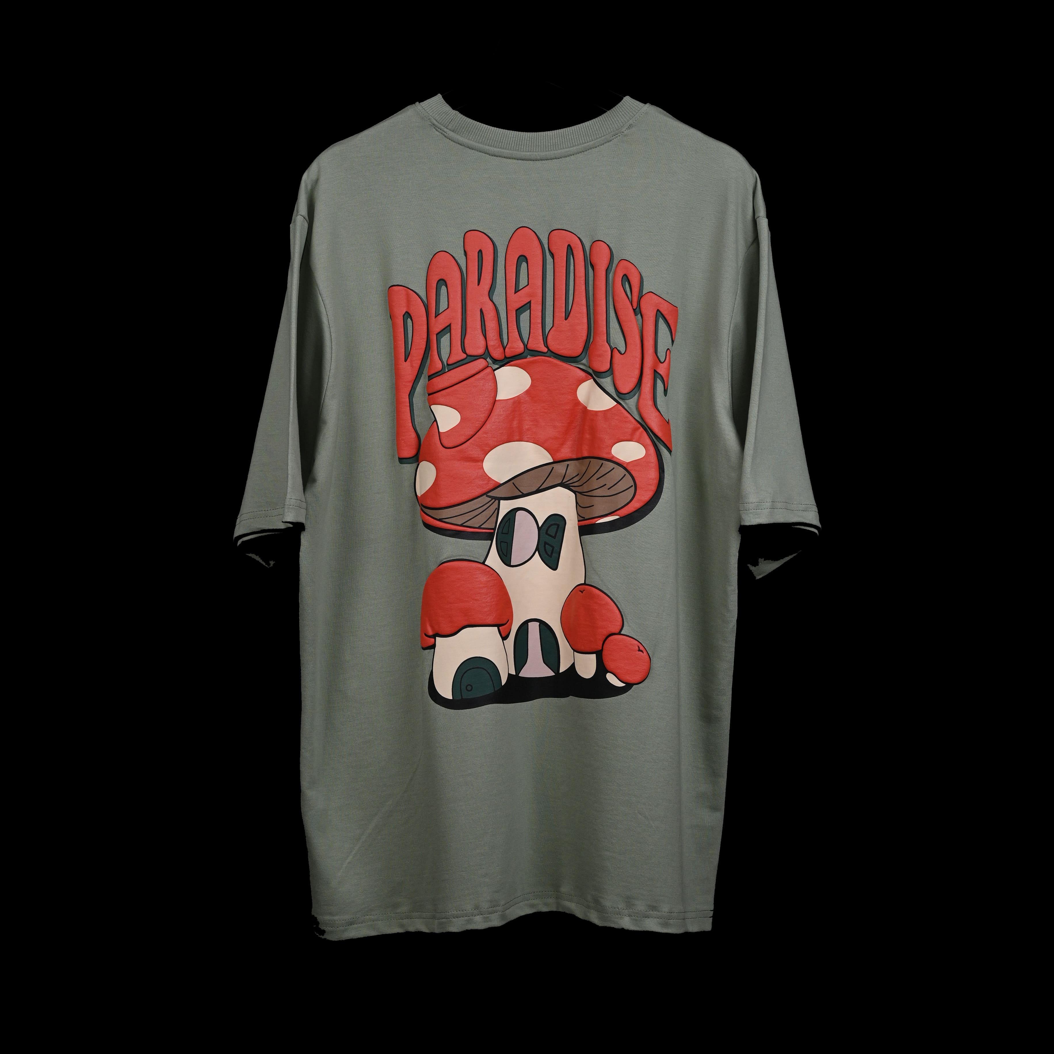 Magic Mushroom T-Shirt: Hunter Green, Oversized, Back Side, Bio-Washed Cotton Printed by Techno Be With You