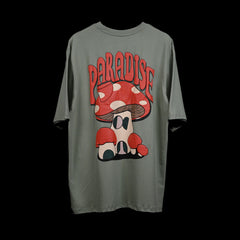 Magic Mushroom T-Shirt: Hunter Green, Oversized, Back Side, Bio-Washed Cotton Printed by Techno Be With You