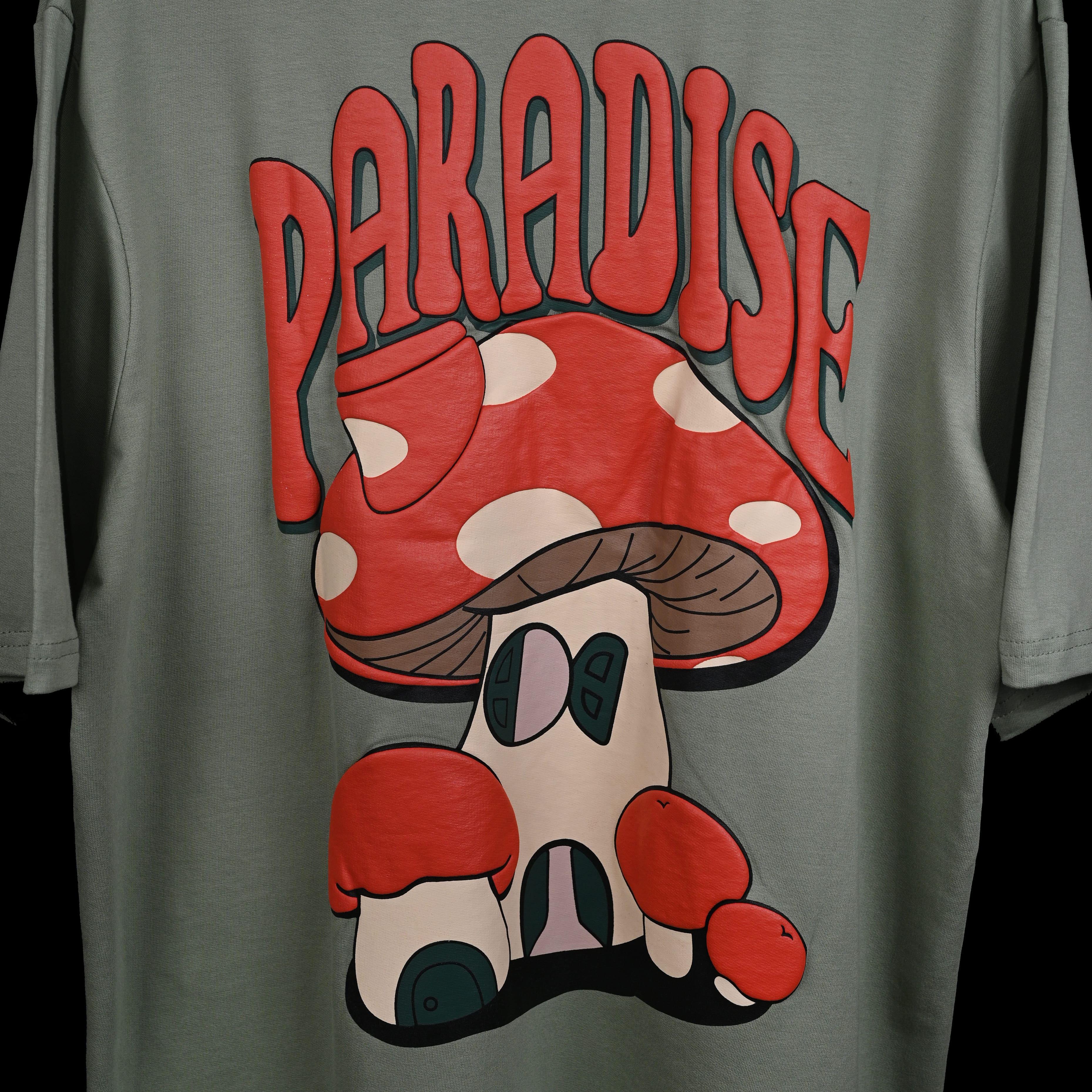 Magic Mushroom T-Shirt: Hunter Green, Oversized, Close Back Side, Bio-Washed Cotton Printed by Techno Be With You