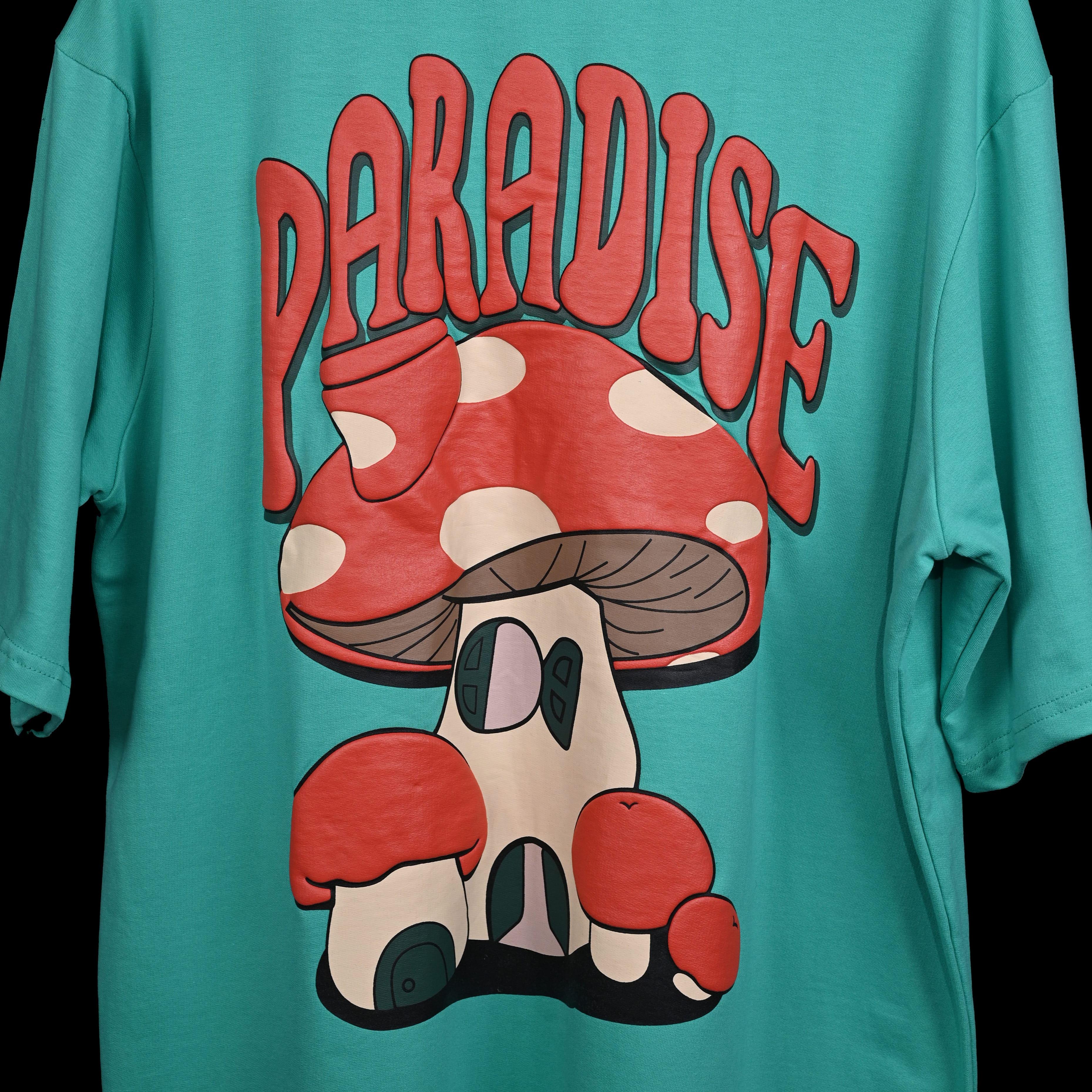 Magic Mushroom T-Shirt: Bright Green, Oversized, Close Back Side, Bio-Washed Cotton Printed by Techno Be With You