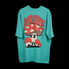Magic Mushroom T-Shirt: Bright Green, Oversized, Back Side, Bio-Washed Cotton Printed by Techno Be With You