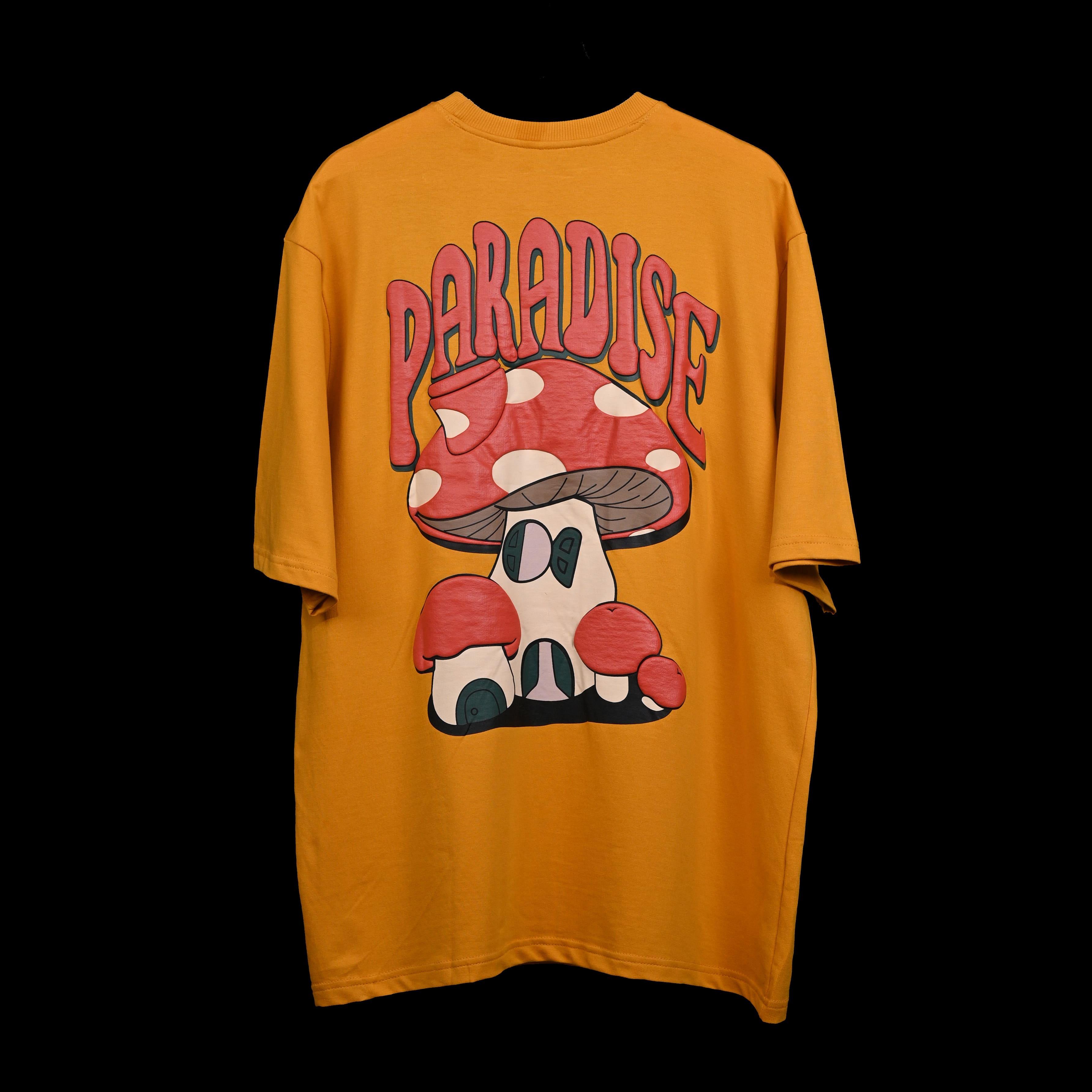 Magic Mushroom T-Shirt: Yellow, Oversized, Back Side, Bio-Washed Cotton Printed by Techno Be With You