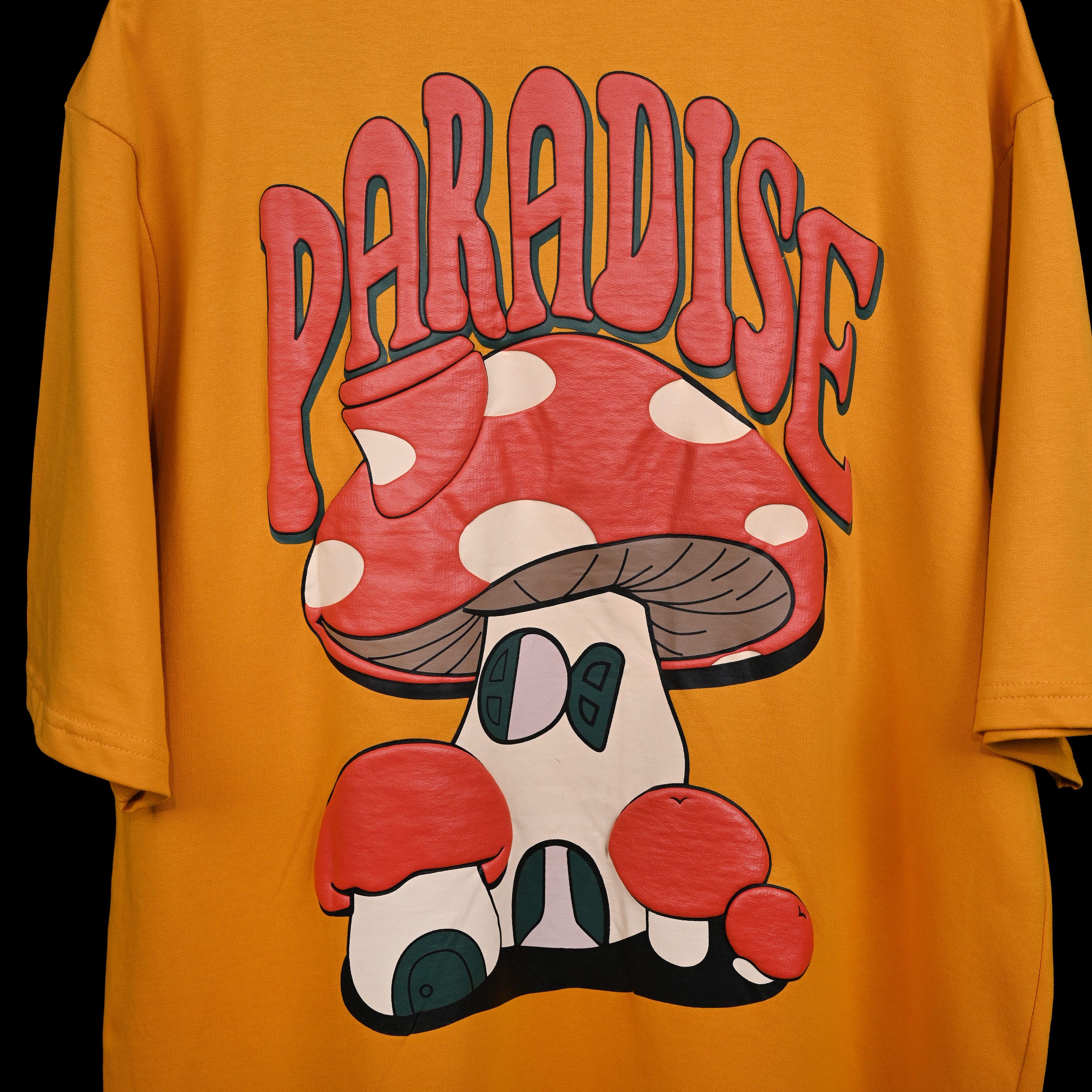 Magic Mushroom T-Shirt: Yellow, Oversized, Close Back Side, Bio-Washed Cotton Printed by Techno Be With You
