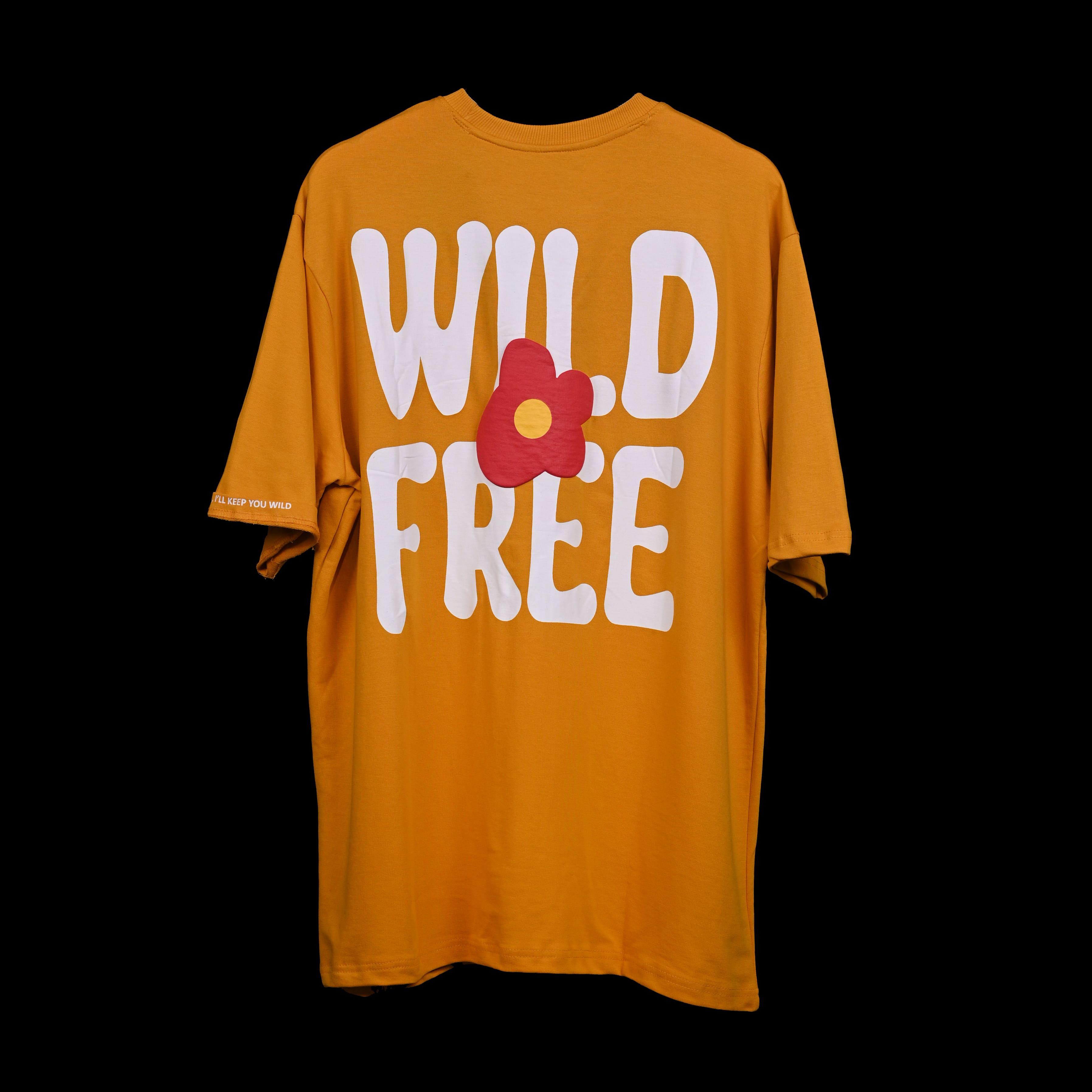 Wild Free T-Shirt: Yellow, Oversized, Back Side, Bio-Washed Cotton Printed by Techno Be With You