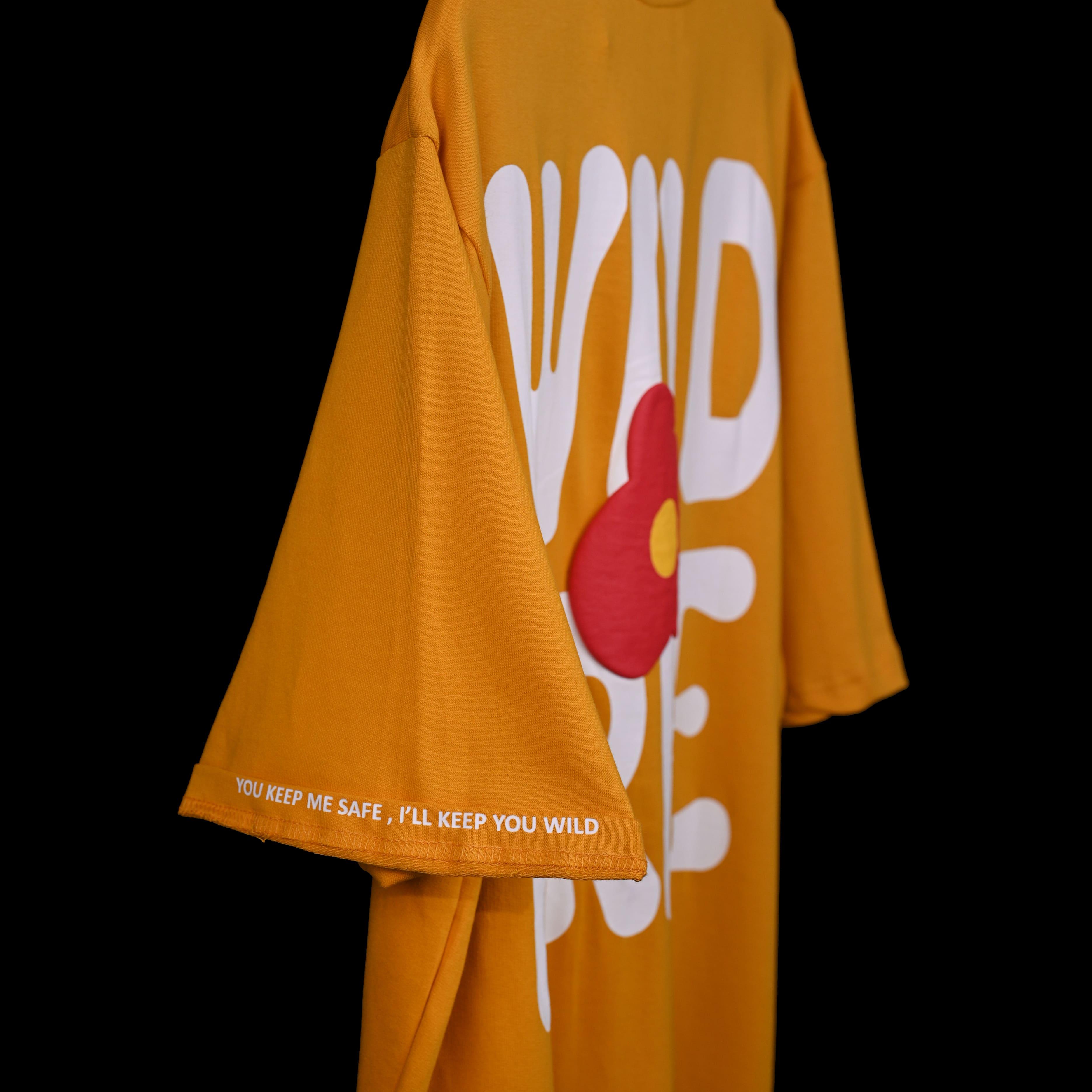 Wild Free T-Shirt: Yellow, Oversized, Side View, Bio-Washed Cotton Printed by Techno Be With You