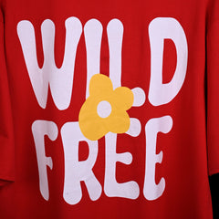 Wild Free T-Shirt: Red, Oversized, Close Back Side, Bio-Washed Cotton Printed by Techno Be With You