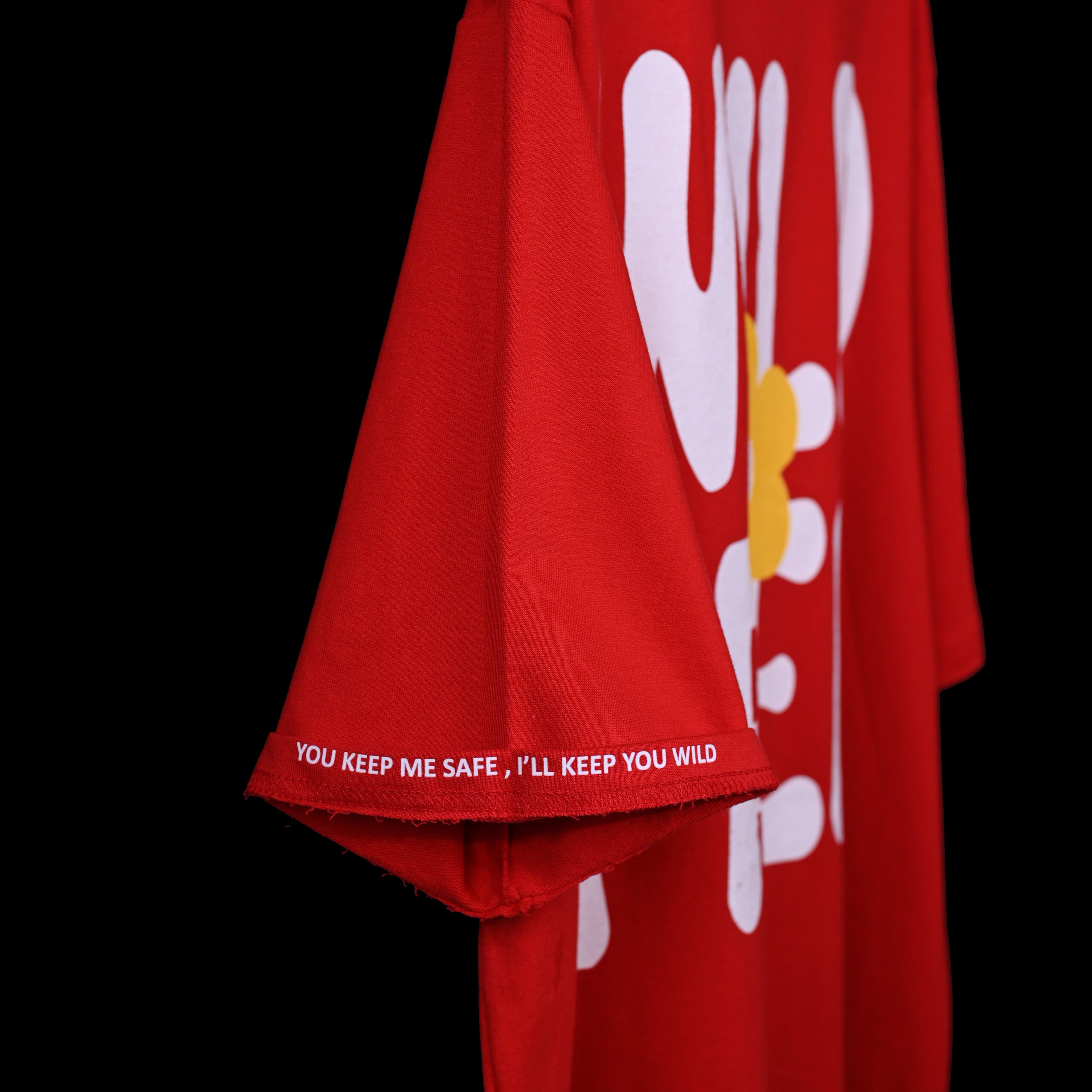 Wild Free T-Shirt: Red, Oversized, Side View, Bio-Washed Cotton Printed by Techno Be With You