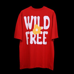 Wild Free T-Shirt: Red, Oversized, Back Side, Bio-Washed Cotton Printed by Techno Be With You