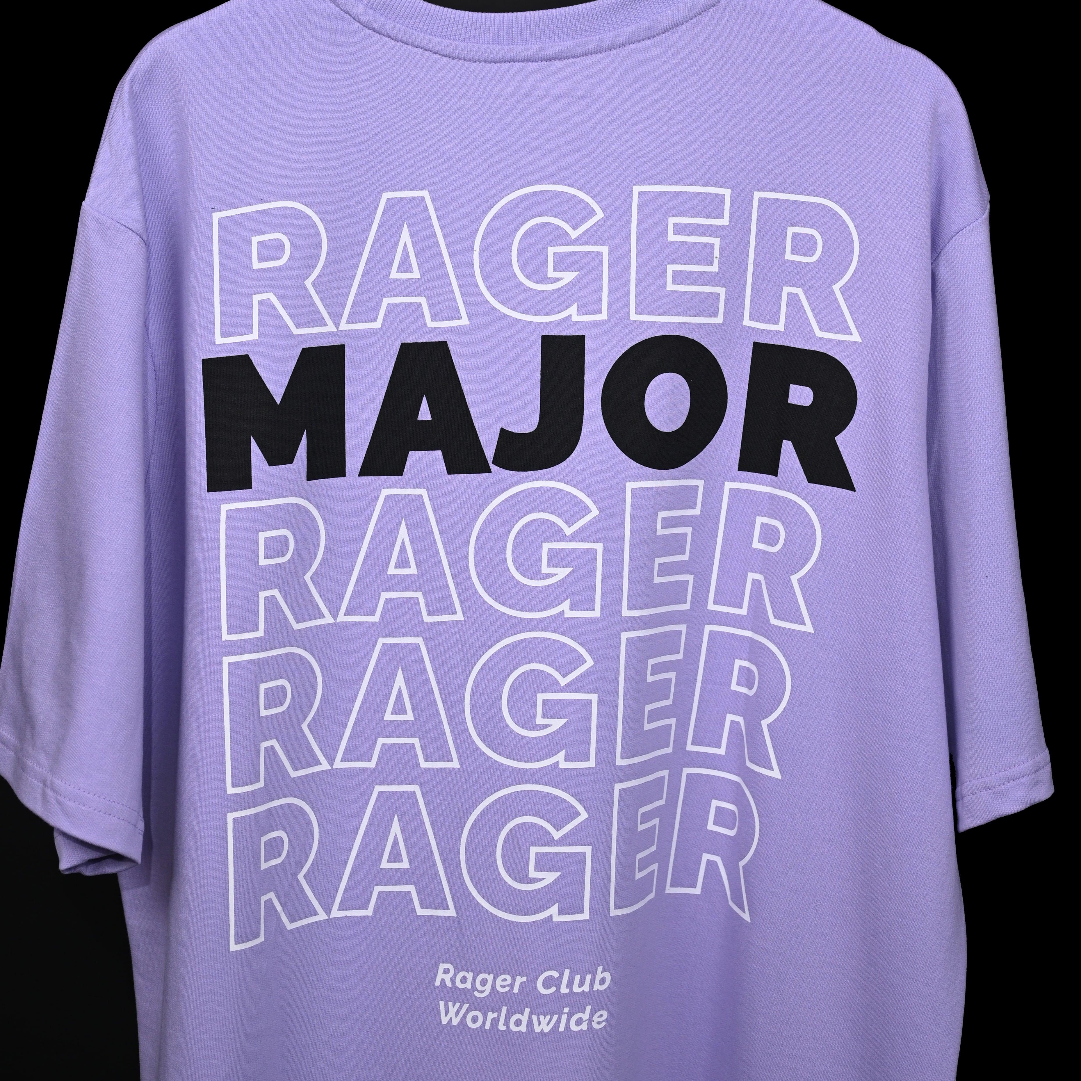 Major rager T-Shirt: Lavender, Oversized, Close Back Side, Bio-Washed Cotton Printed by Techno Be With You