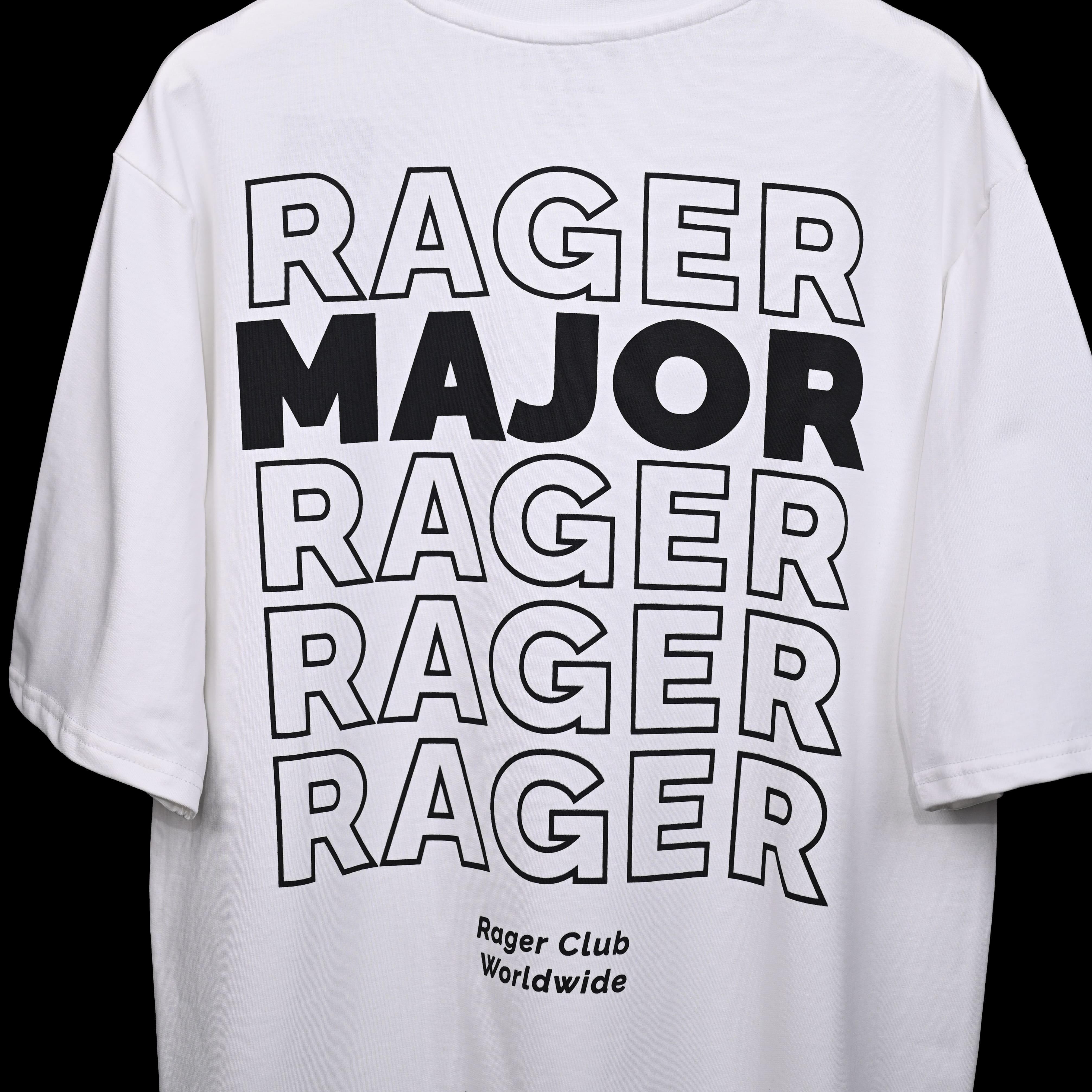 Major rager T-Shirt: White, Oversized, Close Back Side, Bio-Washed Cotton Printed by Techno Be With You