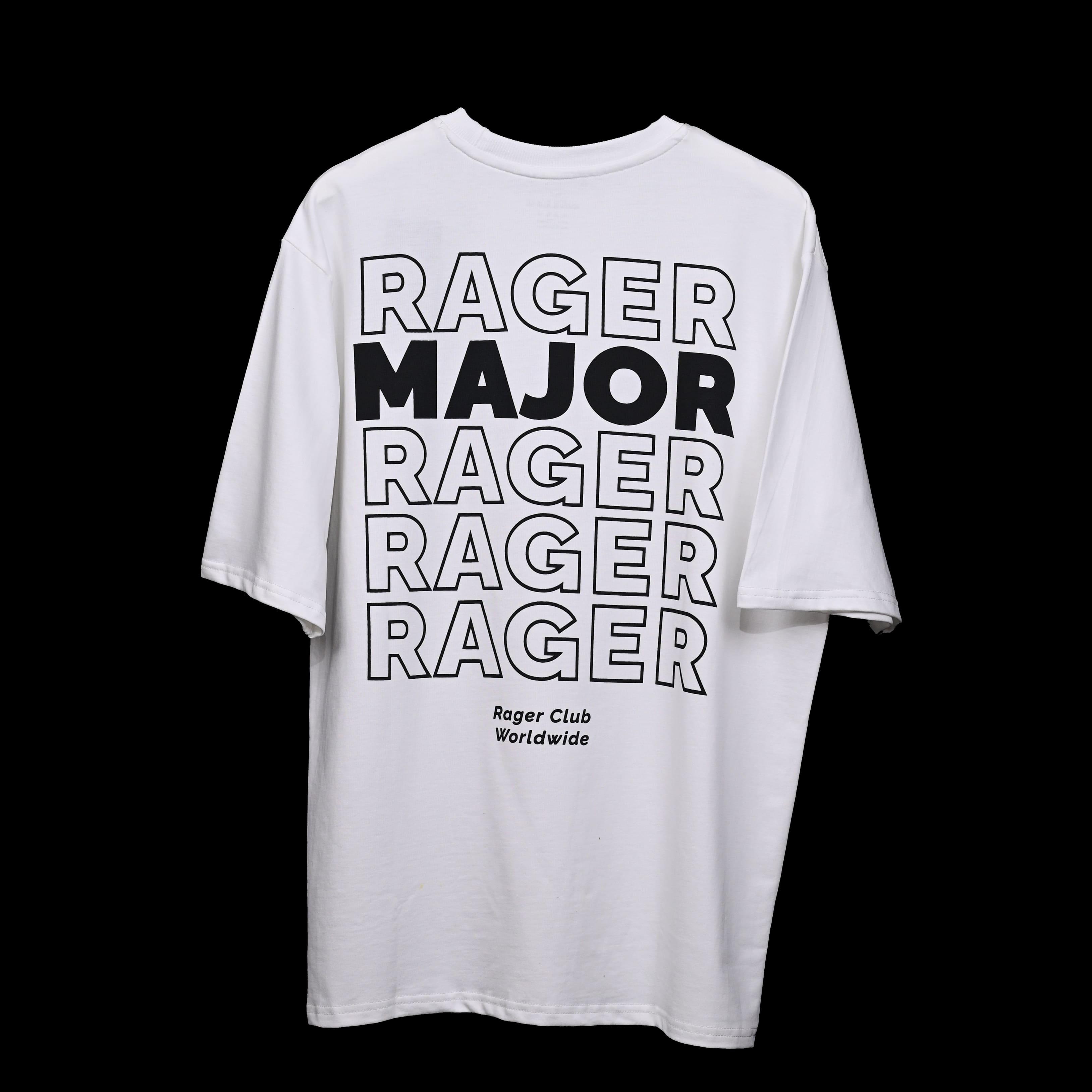 Major rager T-Shirt: White, Oversized, Back Side, Bio-Washed Cotton Printed by Techno Be With You