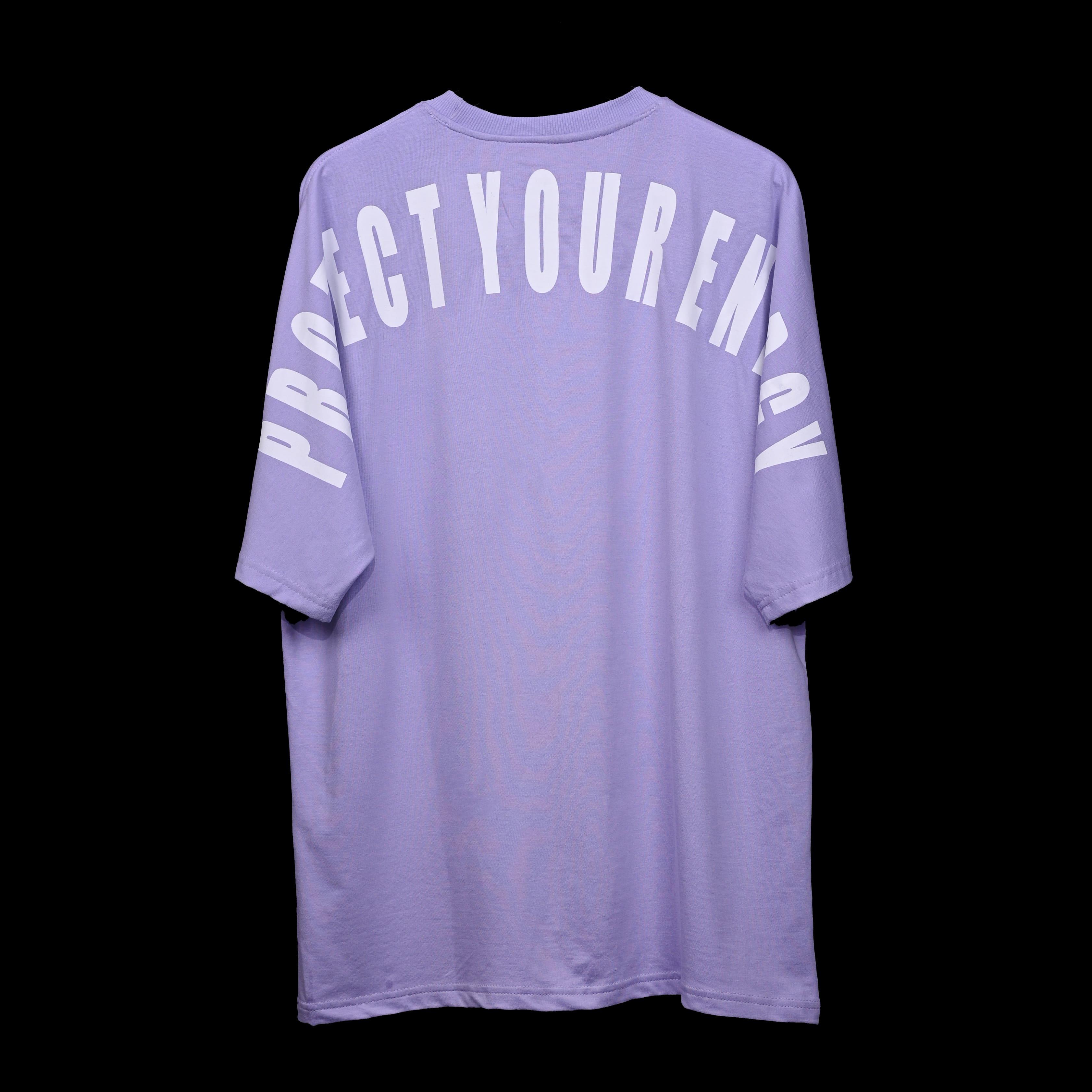 Protect Your Energy T-Shirt: Lavender, Oversized, Back Side, Bio-Washed Cotton Printed by Techno Be With You