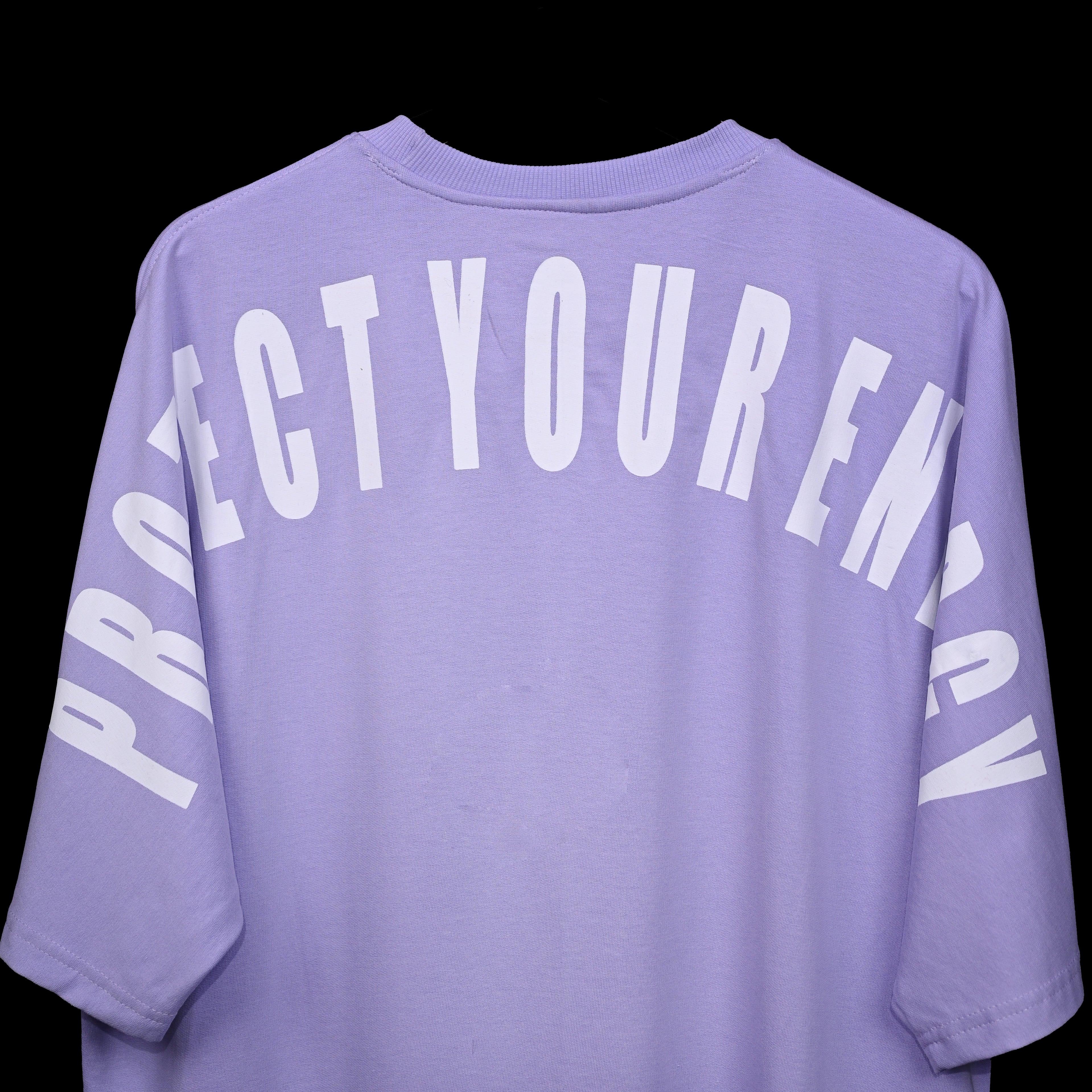 Protect Your Energy T-Shirt: Lavender, Oversized, Close Back Side, Bio-Washed Cotton Printed by Techno Be With You