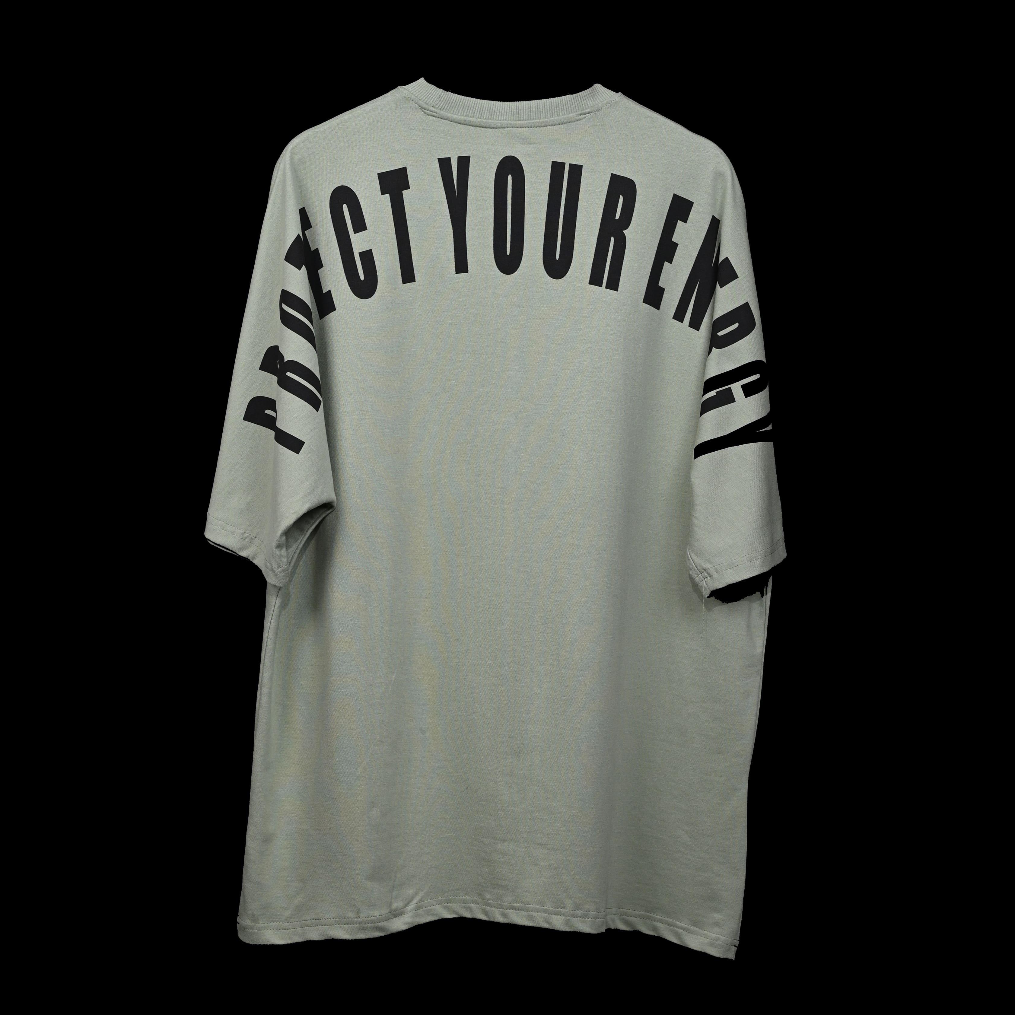 Protect Your Energy T-Shirt: Hunter Green, Oversized, Back Side, Bio-Washed Cotton Printed by Techno Be With You