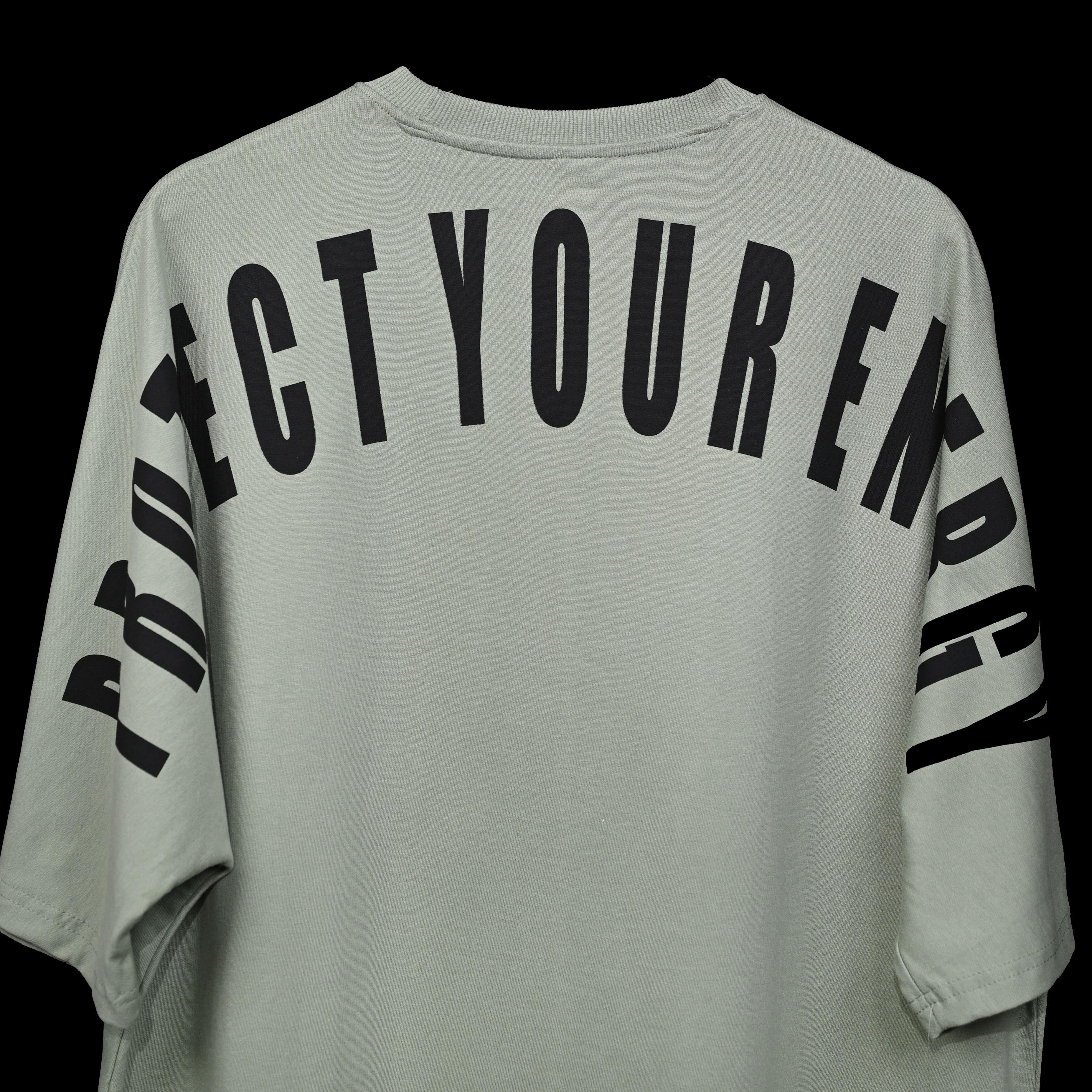 Protect Your Energy T-Shirt: Hunter Green, Oversized, Close Back Side, Bio-Washed Cotton Printed by Techno Be With You