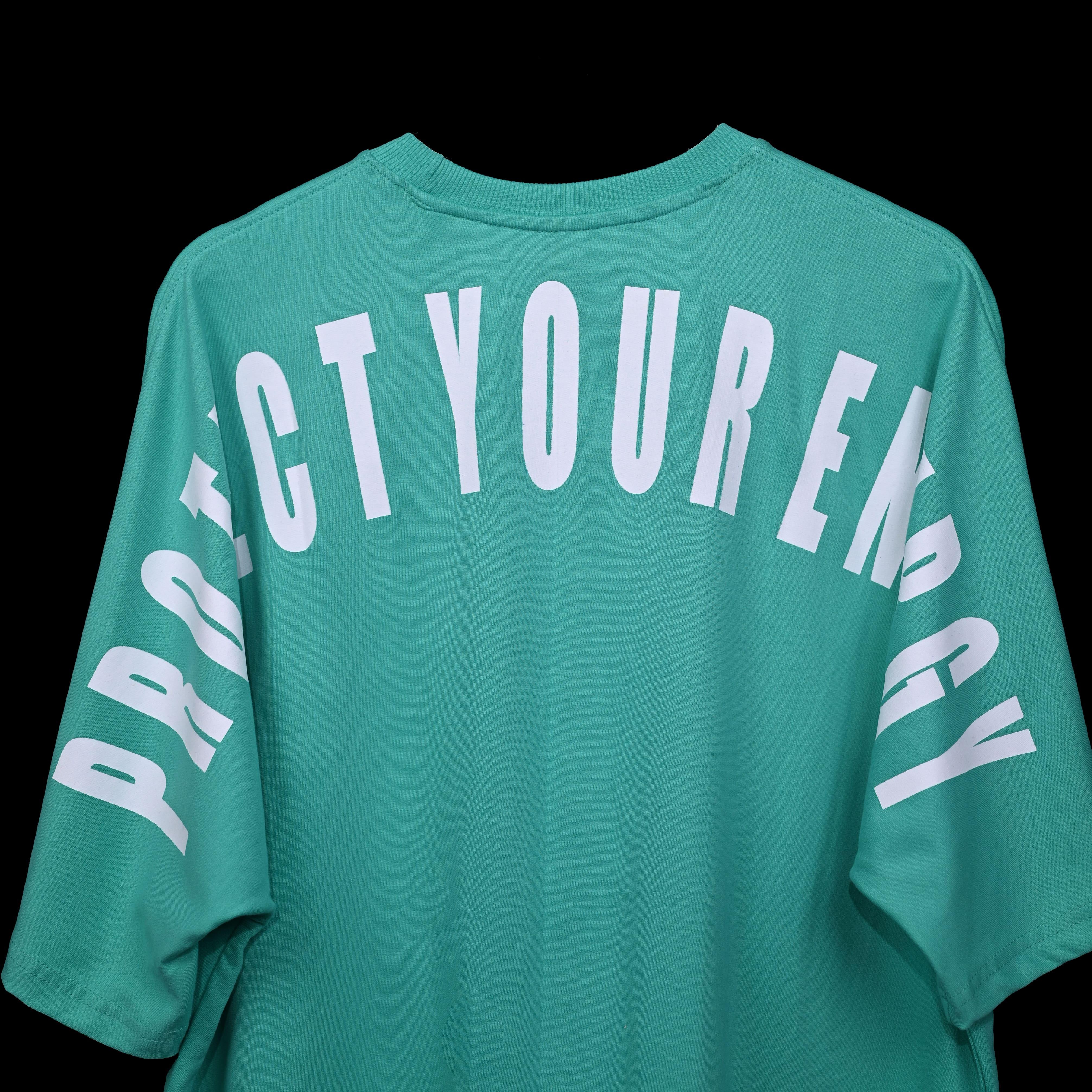 Protect Your Energy T-Shirt: Bright Green, Oversized, Close Back Side, Bio-Washed Cotton Printed by Techno Be With You