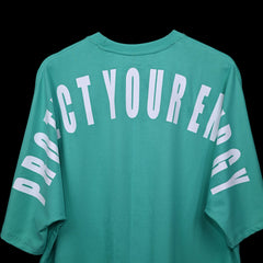Protect Your Energy T-Shirt: Bright Green, Oversized, Close Back Side, Bio-Washed Cotton Printed by Techno Be With You
