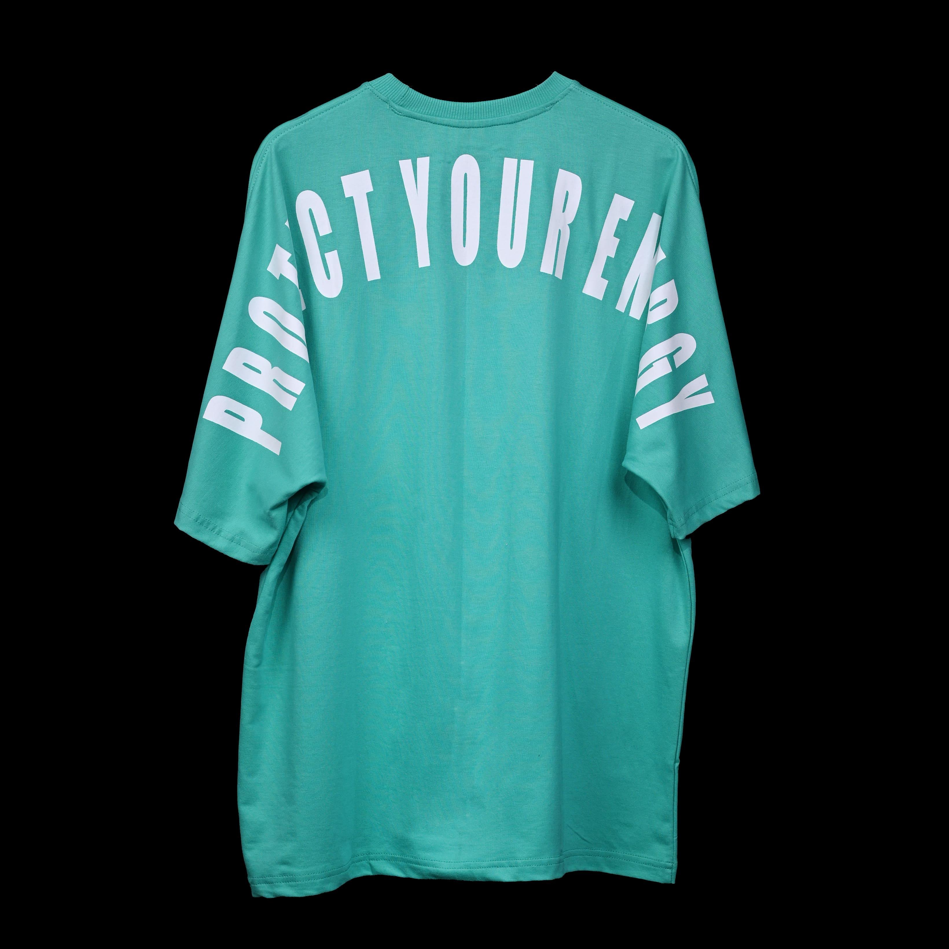 Protect Your Energy T-Shirt: Bright Green, Oversized, Back Side, Bio-Washed Cotton Printed by Techno Be With You