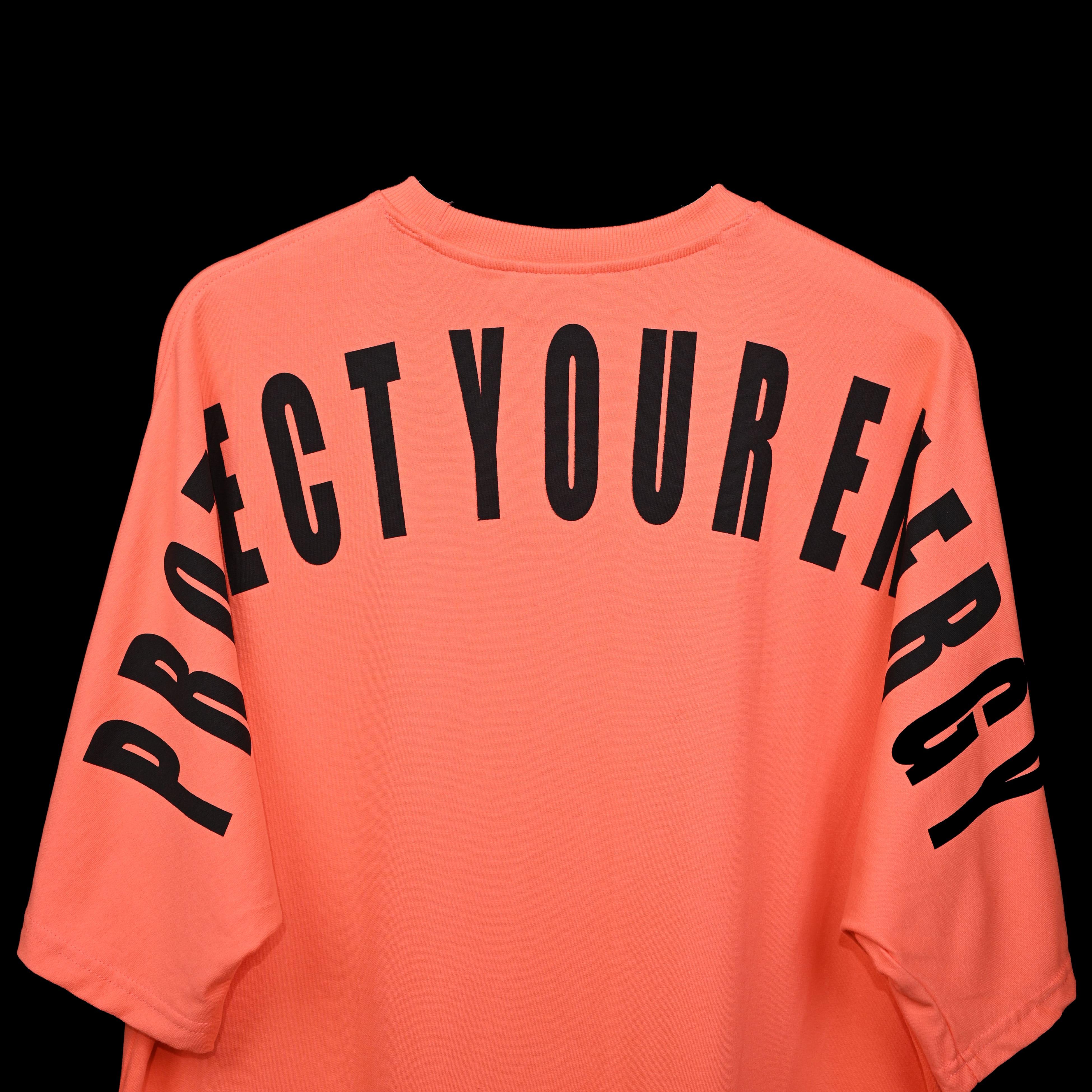 Protect Your Energy T-Shirt: Rust Orange, Oversized, Close Back Side, Bio-Washed Cotton Printed by Techno Be With You