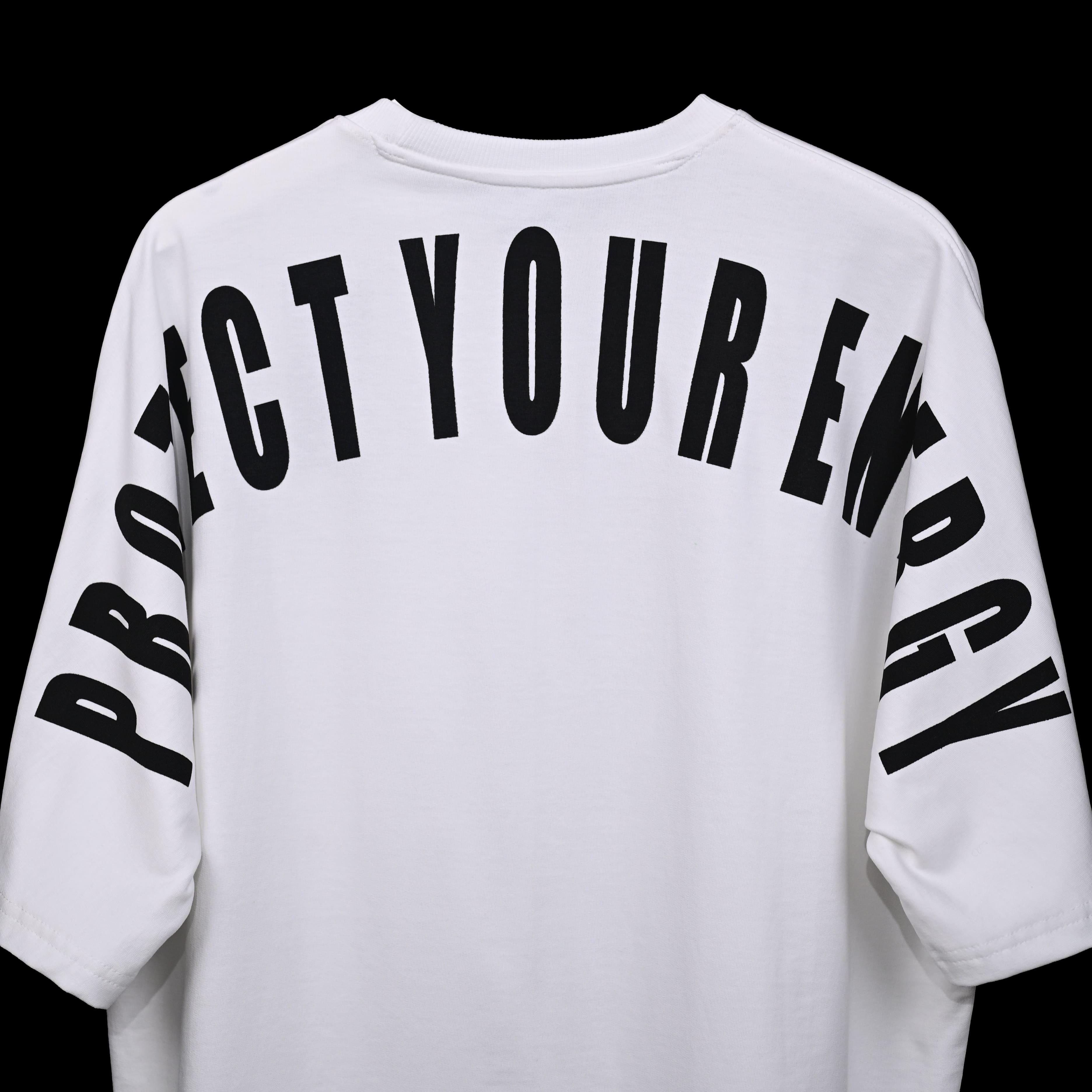 Protect Your Energy T-Shirt: White, Oversized, Close Back Side, Bio-Washed Cotton Printed by Techno Be With You