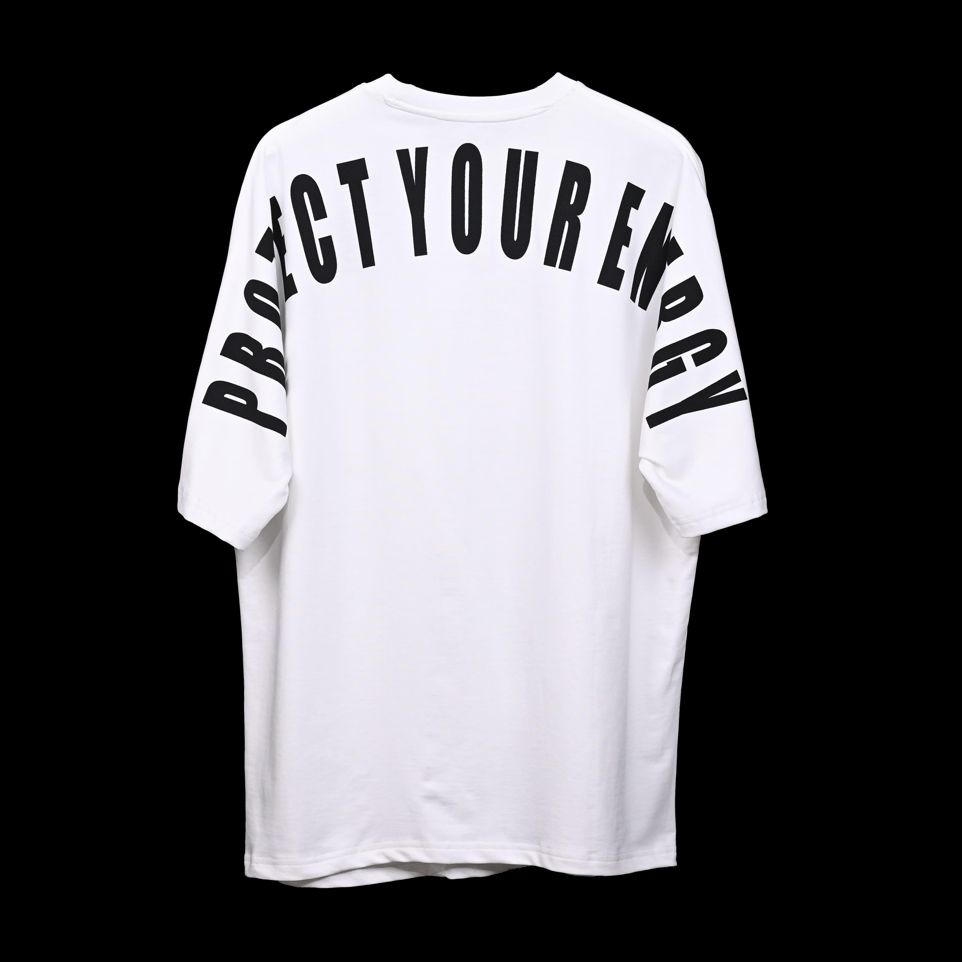 Protect Your Energy T-Shirt: White, Oversized, Back Side, Bio-Washed Cotton Printed by Techno Be With You