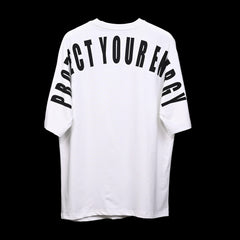 Protect Your Energy T-Shirt: White, Oversized, Back Side, Bio-Washed Cotton Printed by Techno Be With You