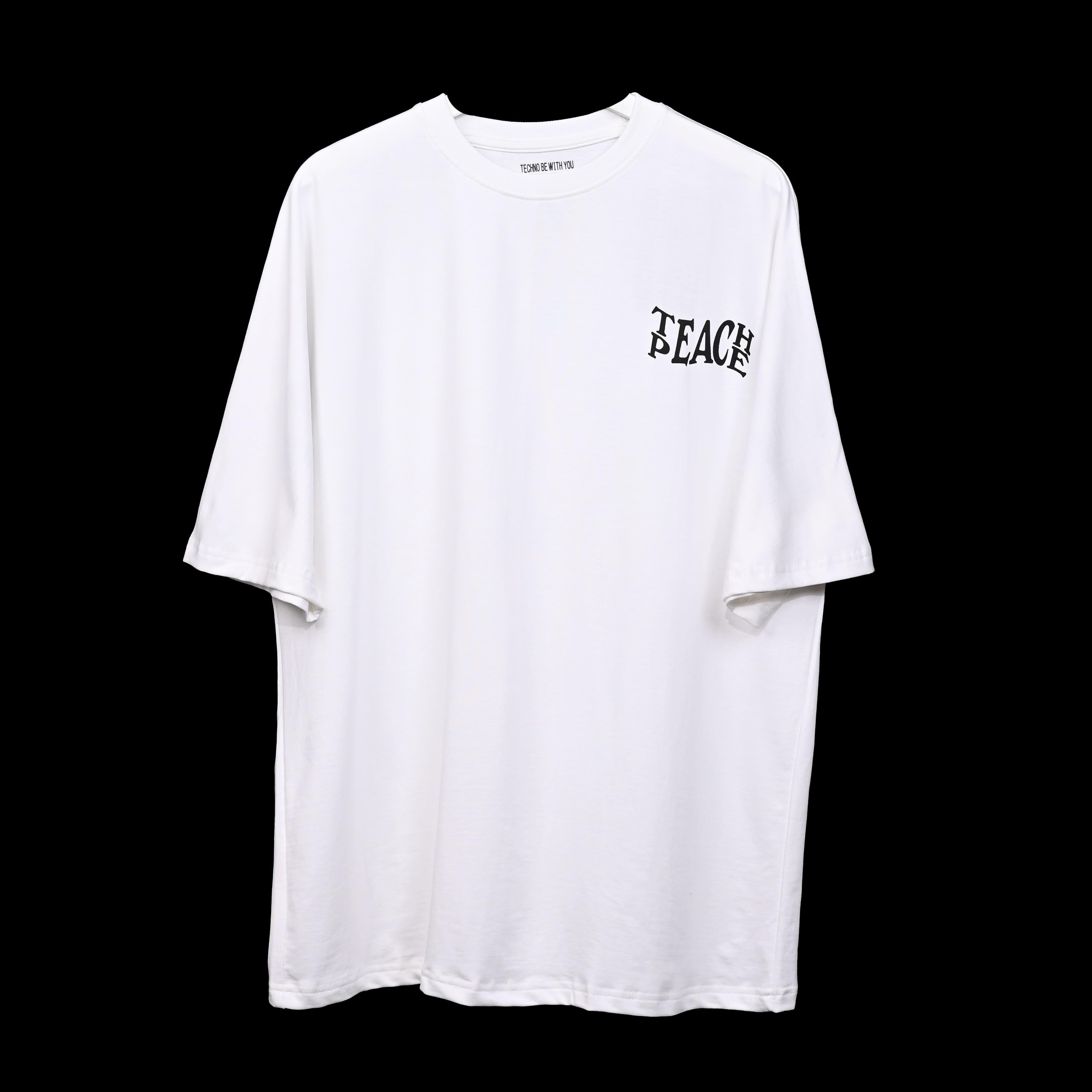 Protect Your Energy T-Shirt: White, Oversized, Front Pose, Bio-Washed Cotton Printed by Techno Be With You