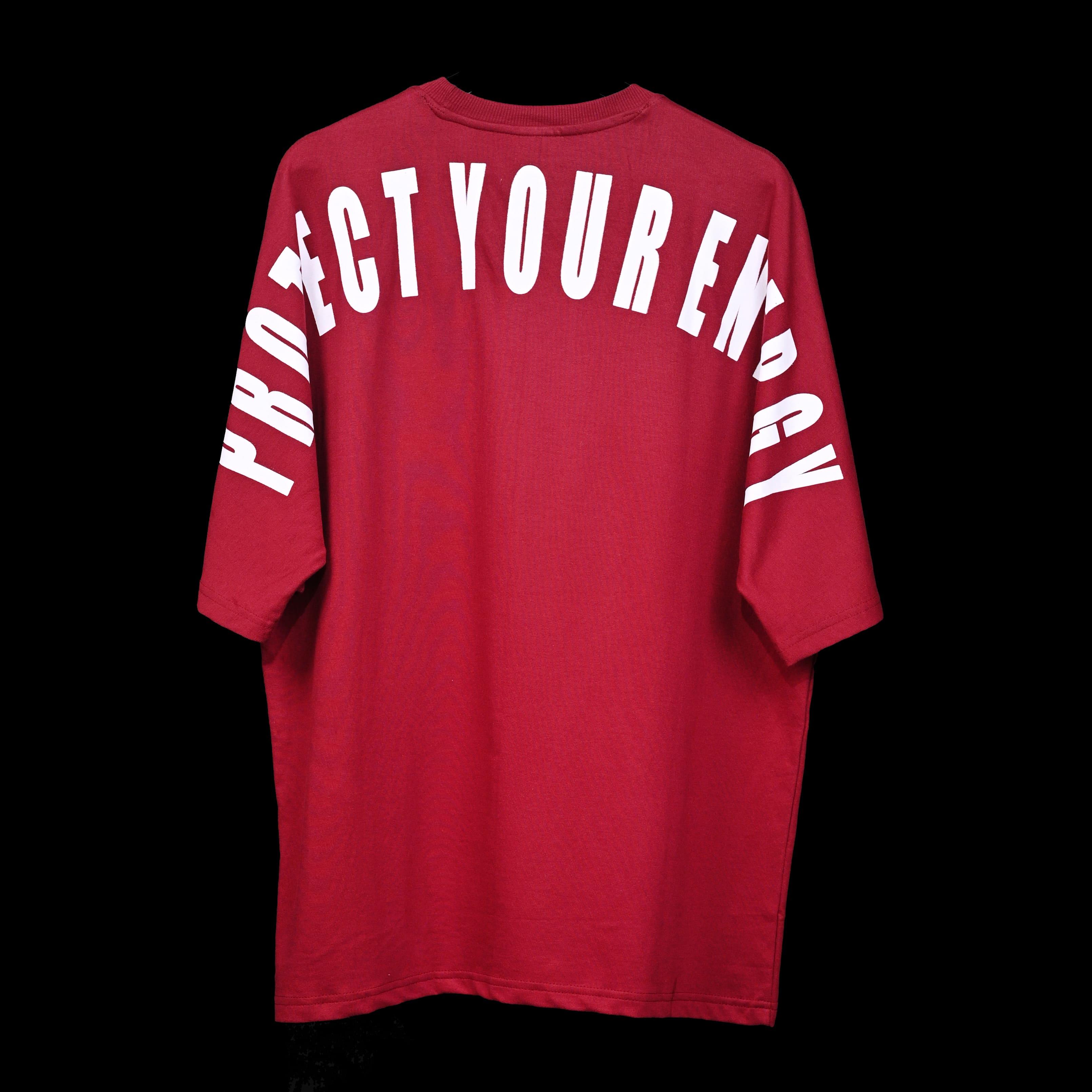 Protect Your Energy T-Shirt: Dark Red, Oversized, Back Side, Bio-Washed Cotton Printed by Techno Be With You