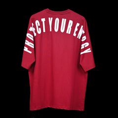 Protect Your Energy T-Shirt: Dark Red, Oversized, Back Side, Bio-Washed Cotton Printed by Techno Be With You