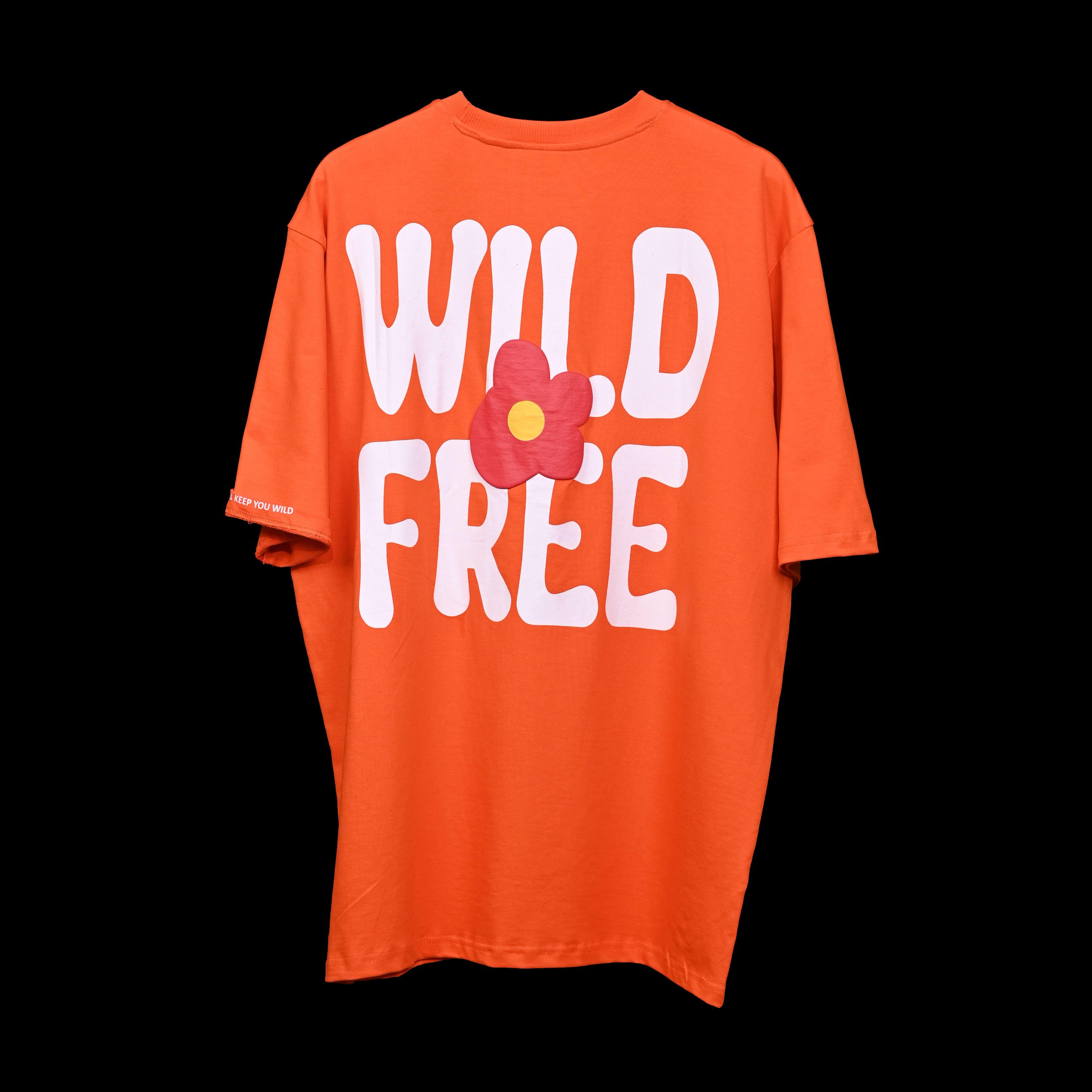 Wild Free T-Shirt: Orange, Oversized, Back Side, Bio-Washed Cotton Printed by Techno Be With You