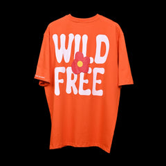 Wild Free T-Shirt: Orange, Oversized, Back Side, Bio-Washed Cotton Printed by Techno Be With You