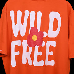 Wild Free T-Shirt: Orange, Oversized, Close Back Side, Bio-Washed Cotton Printed by Techno Be With You