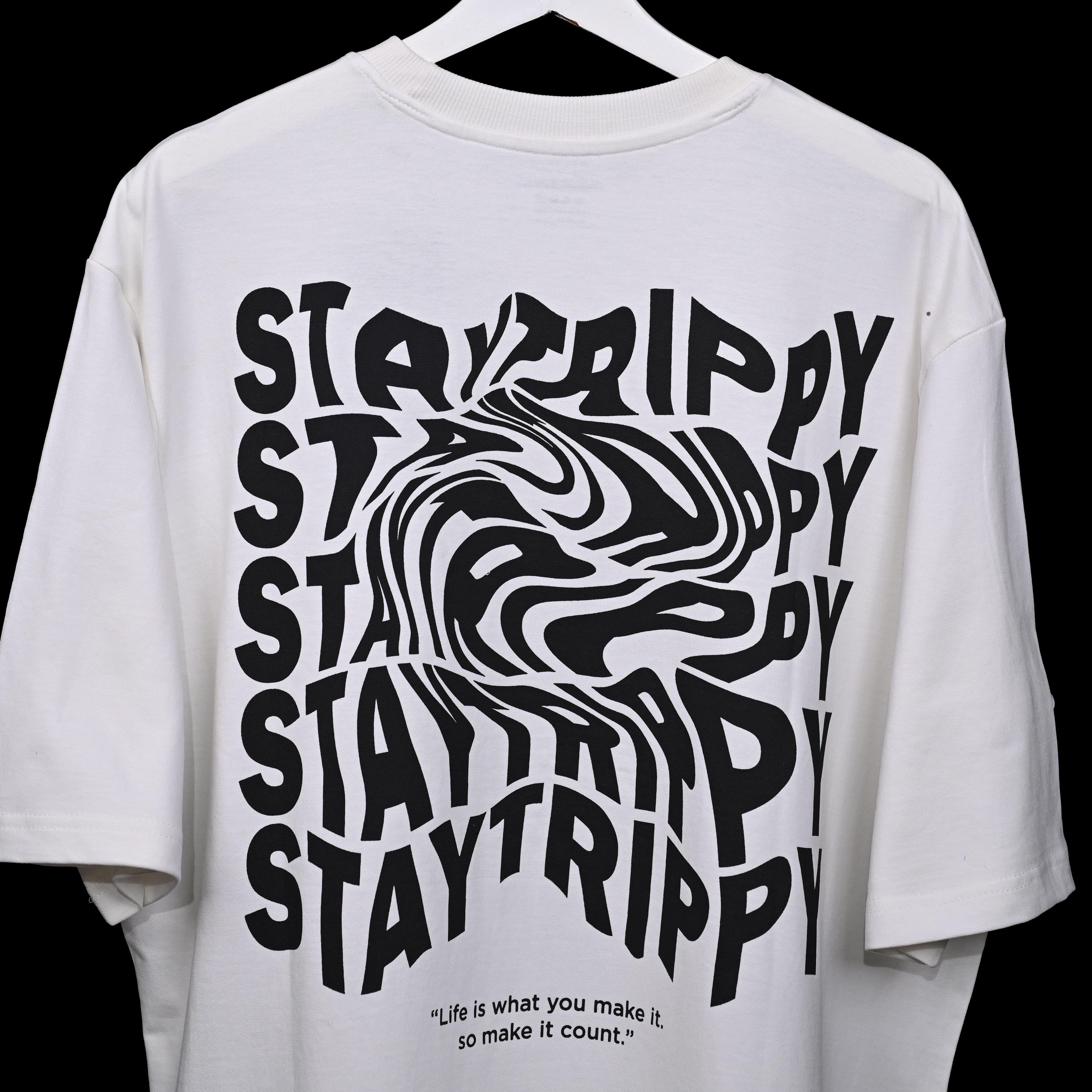 Star Trippy T-Shirt: White, Oversized, Close Back Side, Bio-Washed Cotton Printed by Techno Be With You